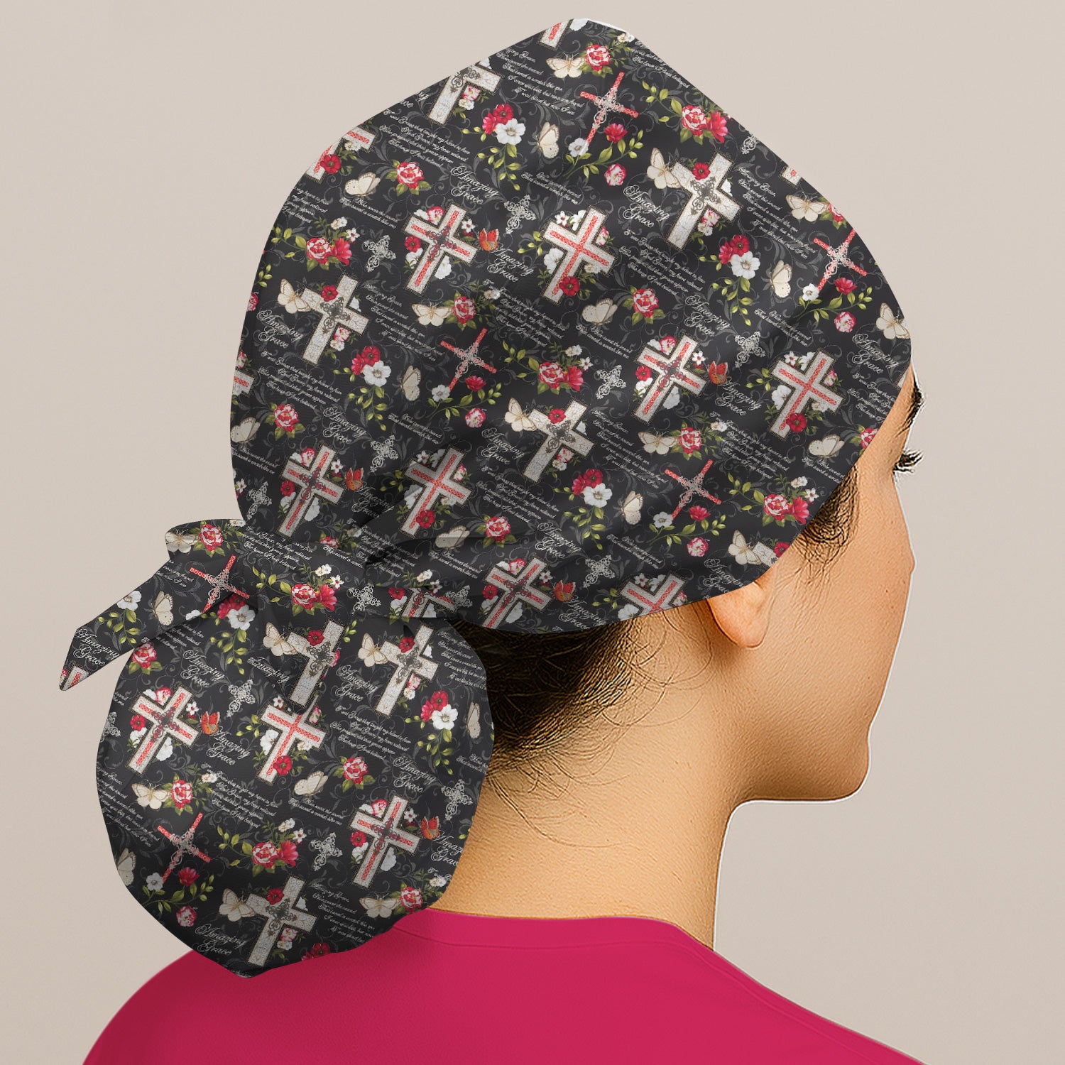Christian Cross Roses And Butterflies Print Scrub Cap, Surgical Caps for Doctors