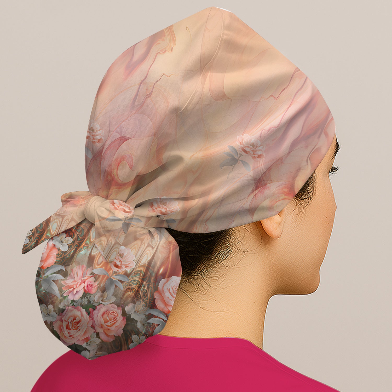 Elegant Peach Marble Rose Pattern Scrub Cap, Surgical Caps for Doctors