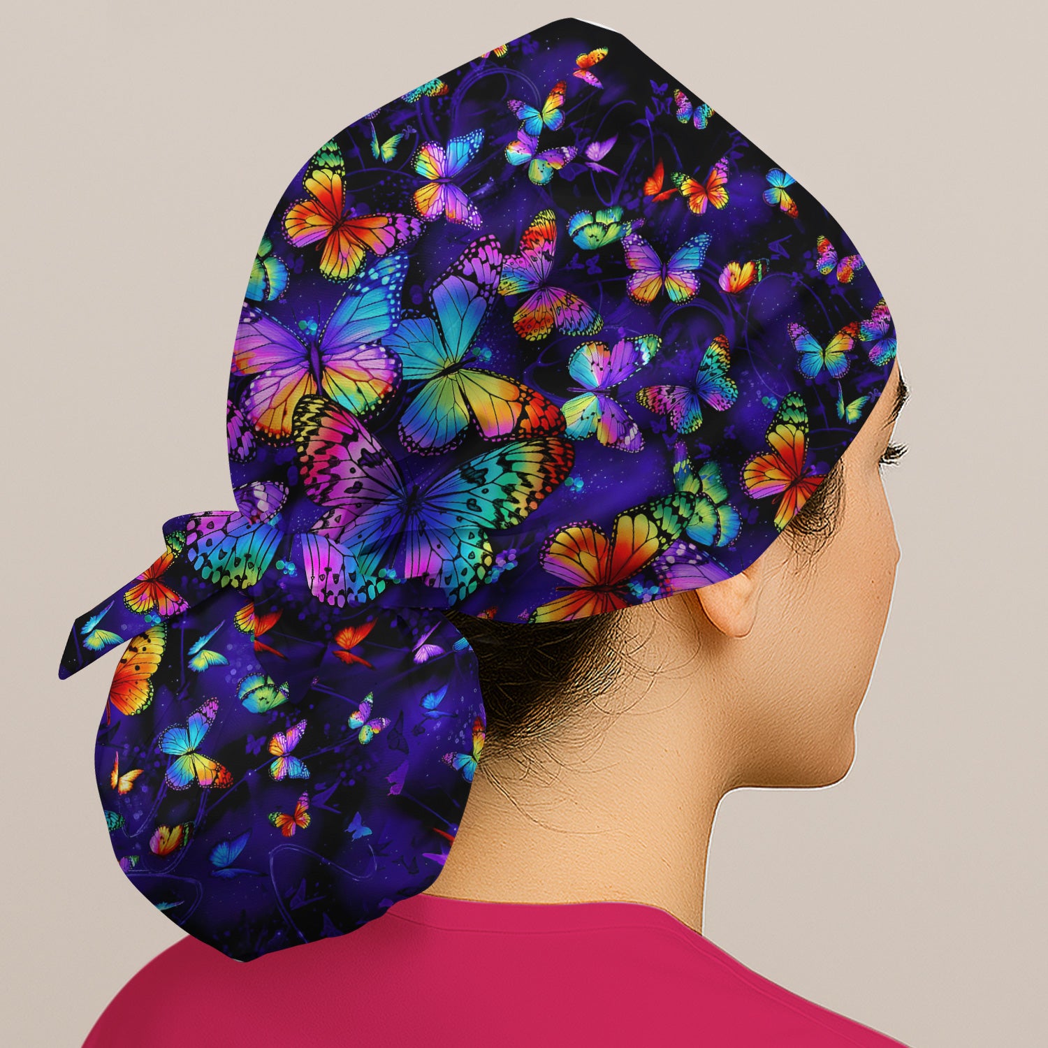 Vibrant Rainbow Butterfly Galaxy Pattern Scrub Cap, Surgical Caps for Doctors