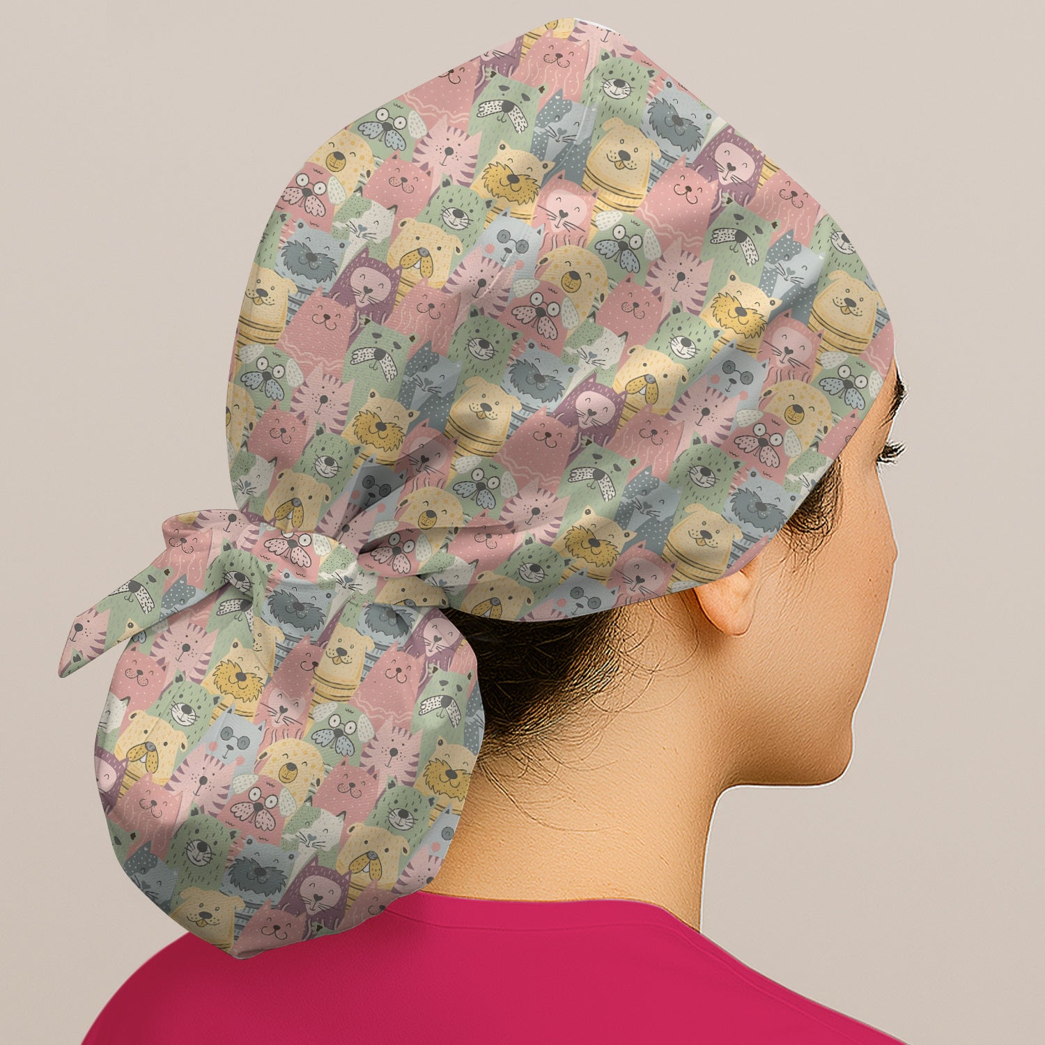 Cartoon Cat & Dog Faces Pattern Scrub Cap, Surgical Caps for Doctors