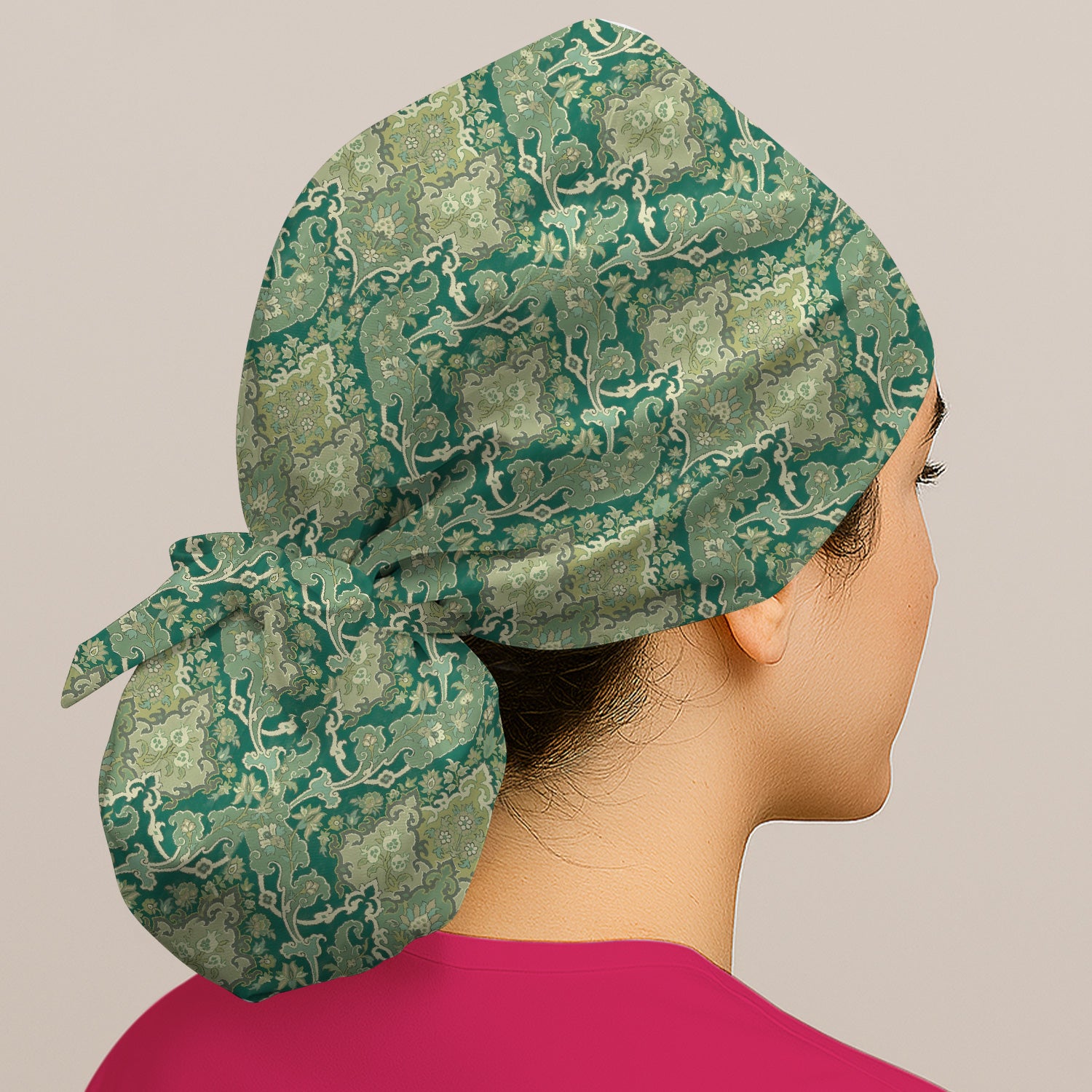 Green Vintage Damask Ornamental Pattern Scrub Cap, Breathable Fabrics Caps Uniform