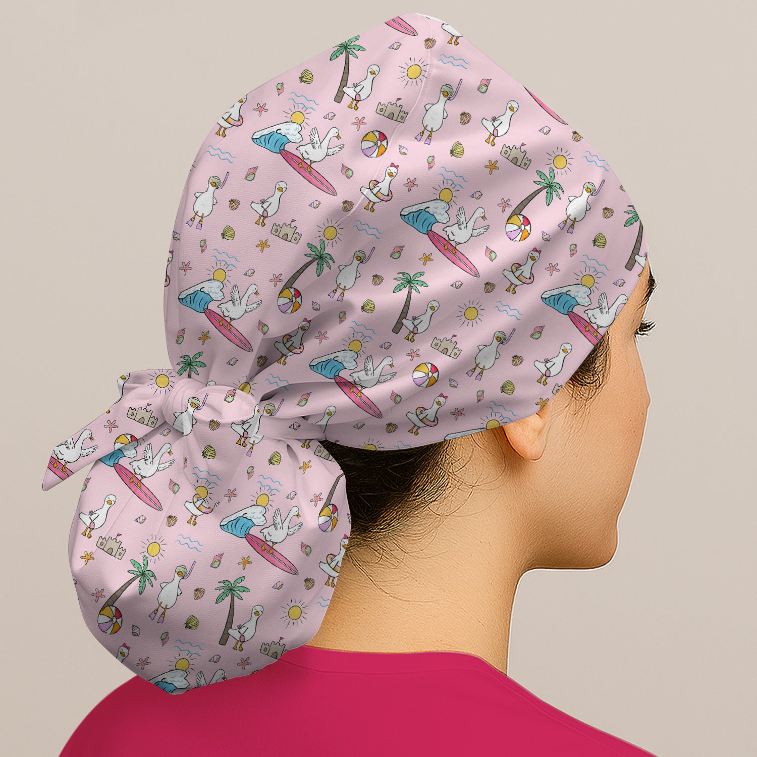 Cute Nurse Seagull Surfboard Beach Palm Tree Pattern Scrub Cap, Surgical Caps for Doctors