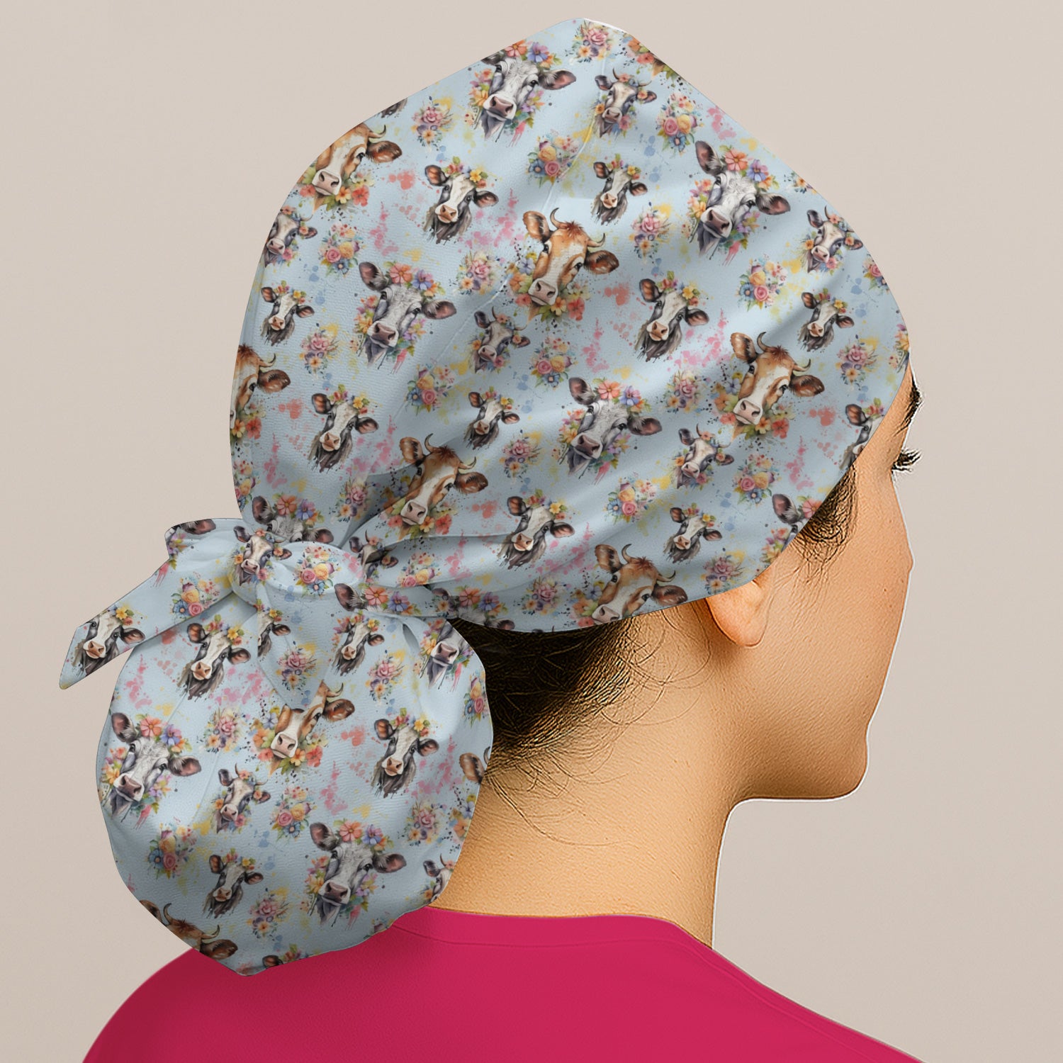 Cute Floral Cow Farm Animal Pattern Nurse Scrub Cap, Surgical Caps for Doctors