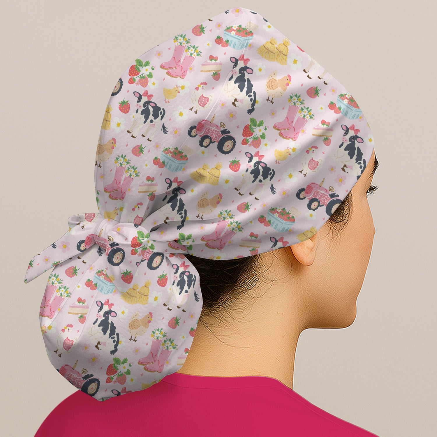 Cute Farm Animals & Strawberry Garden Pattern Nurse Scrub Cap, Surgical Caps for Doctors
