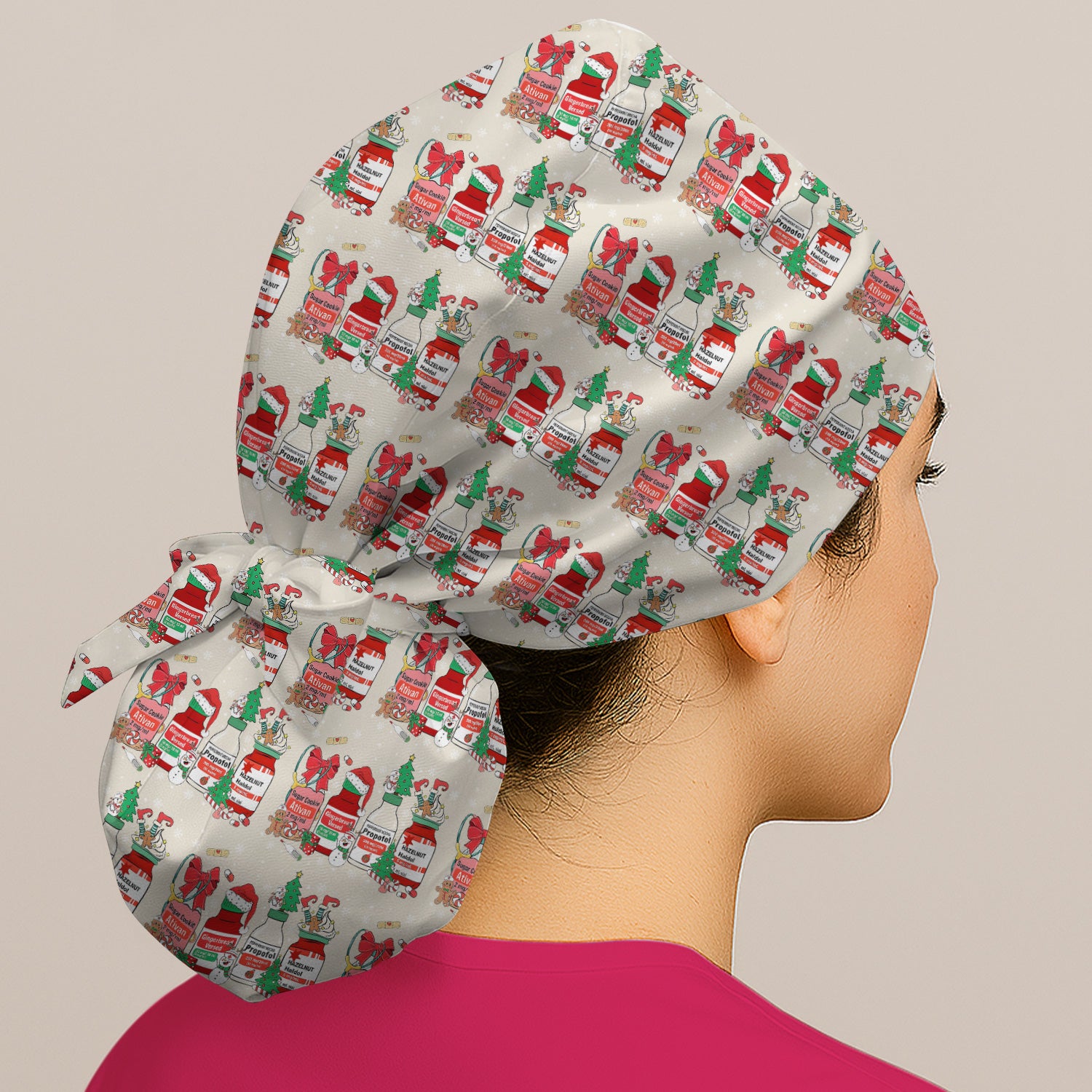 Funny Christmas Medication Scrub Cap – Festive Holiday Pharma Bottles Pattern – Playful Medical Uniform for Nurses, Pharmacists & Healthcare Workers
