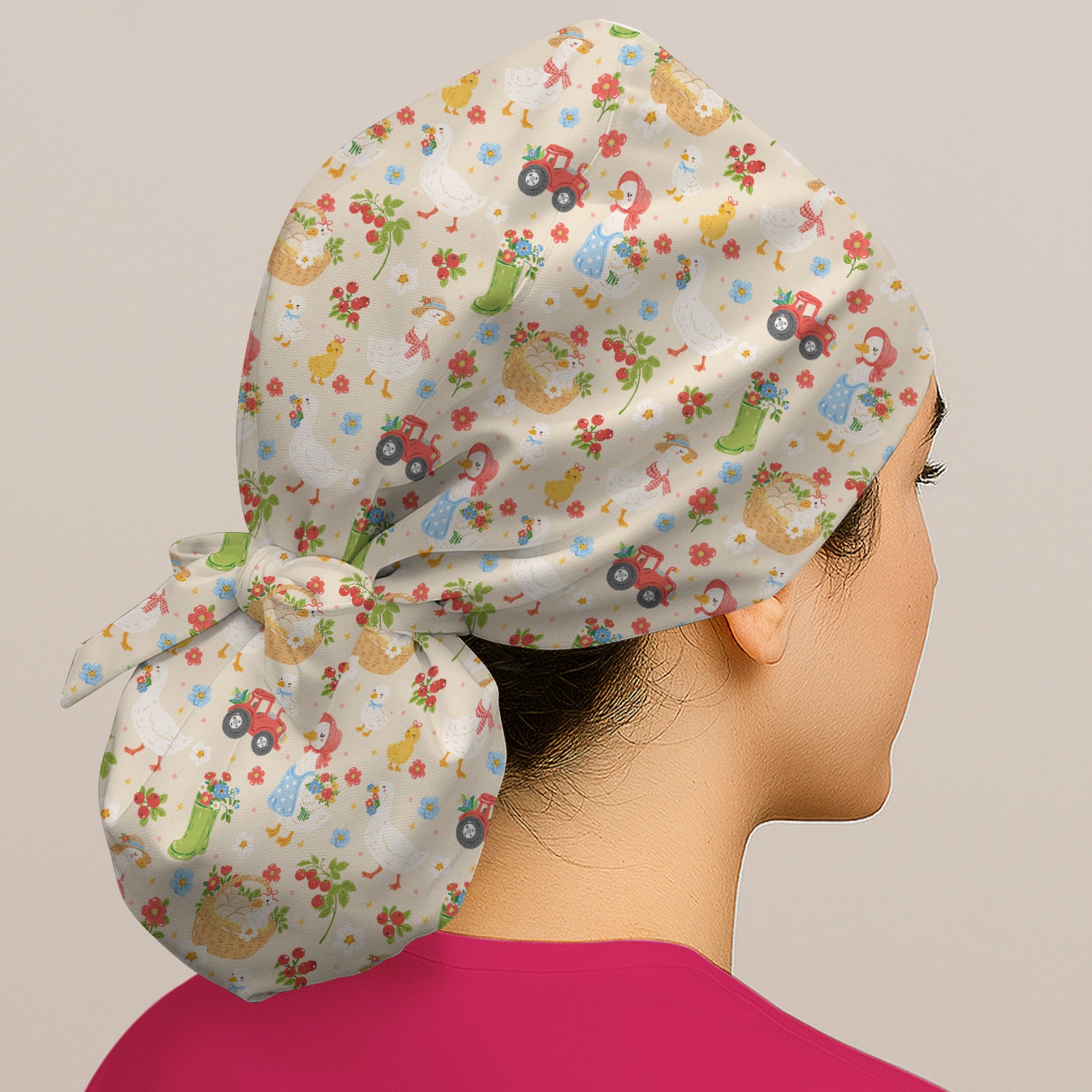 Farm Duck Chicken Tractor Flower Basket Scrub Cap, Surgical Caps for Doctors