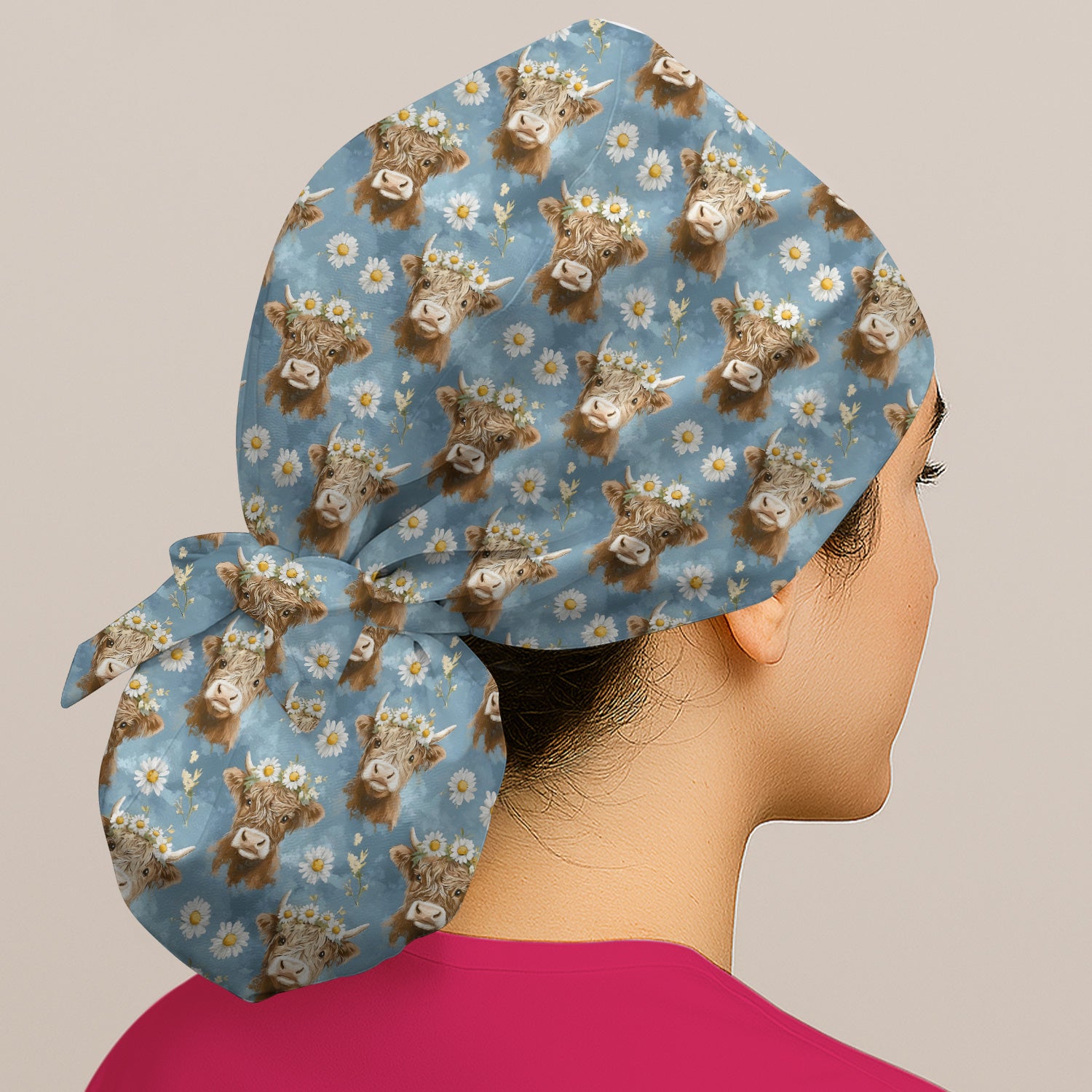 Highland Cow Daisy Flower Pattern Scrub Cap, Surgical Caps for Doctors