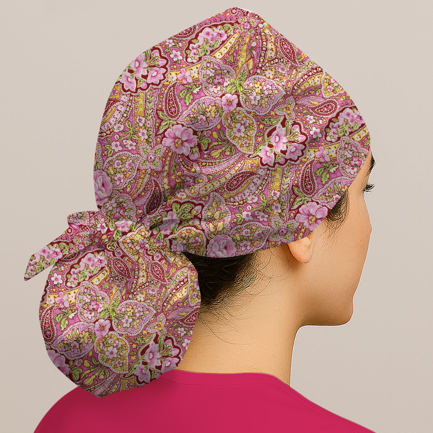 Pink Floral Paisley Blossom Print Scrub Cap, Bouffant Scrub Caps for Women