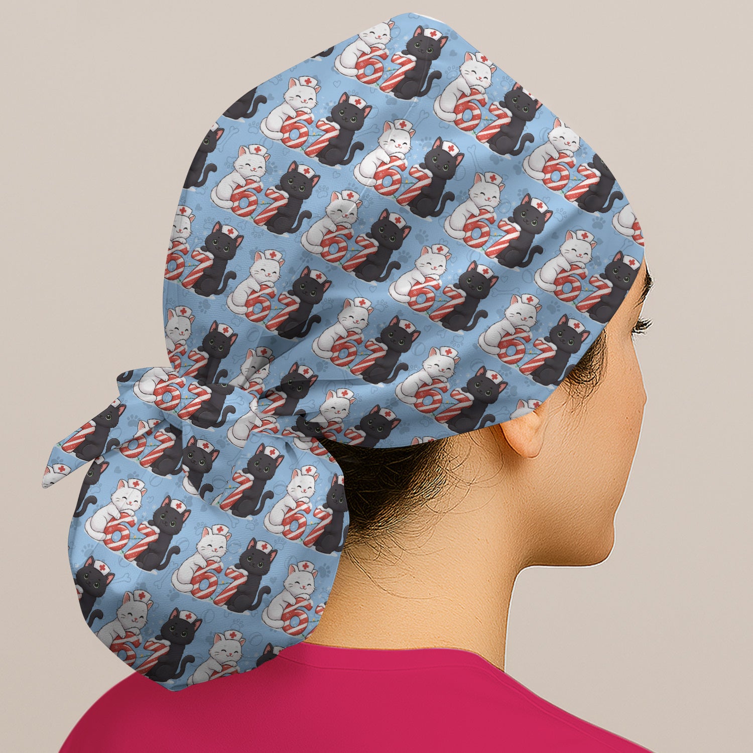 Xmas Cat Pattern Scrub Cap, Christmas Nurse Six Seven With Cat Scrub Hat, Breathable Fabrics Nursing Uniform