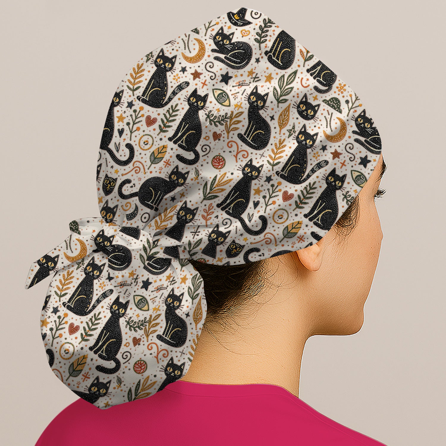 Mystic Black Cat Celestial Doodle Pattern Cap, Bouffant Scrub Caps for Women