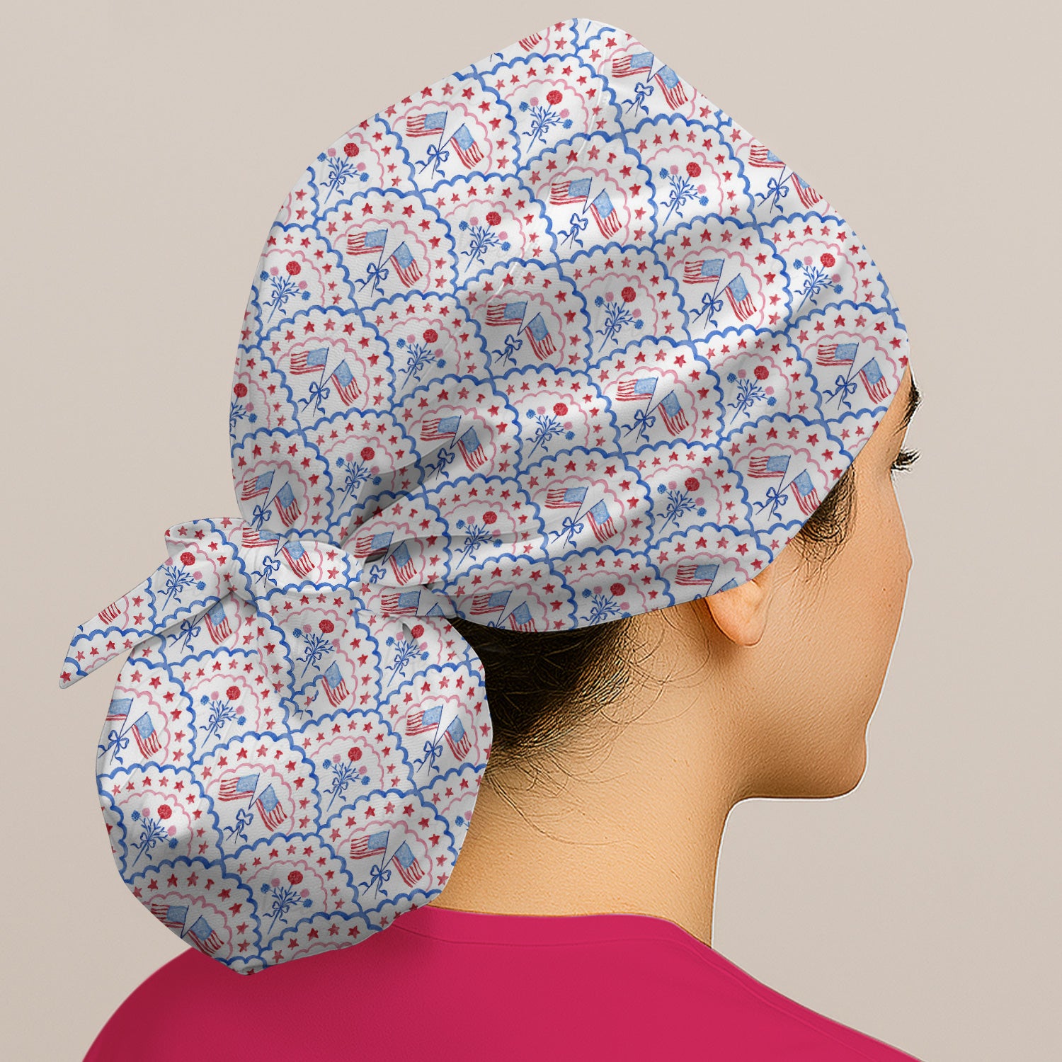 Patriotic Scallop Star Flag Floral Pattern Nurse Scrub Cap, Surgical Caps for Doctors