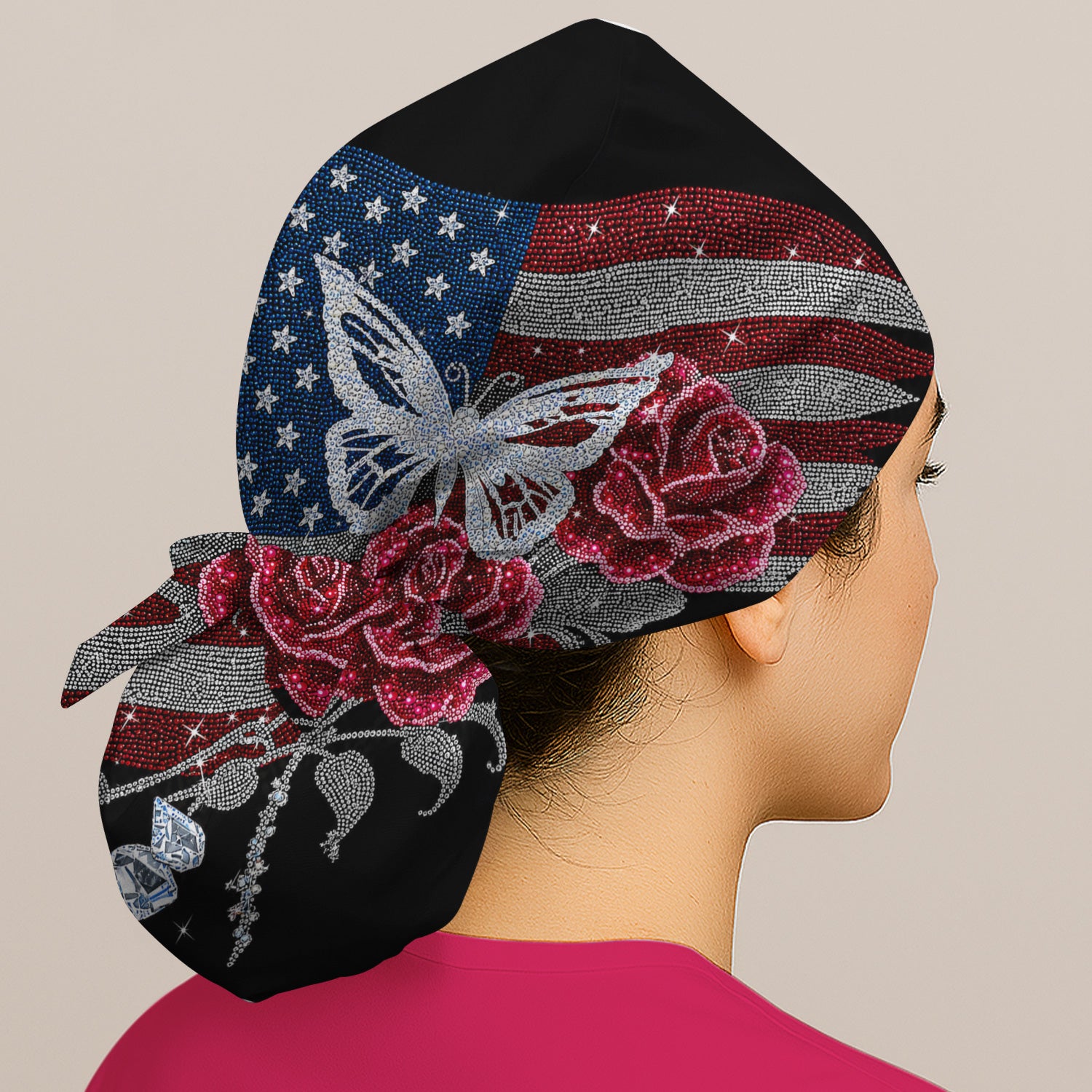 Patriotic Butterfly Rose Flag Print Scrub Cap, Surgical Caps for Doctors