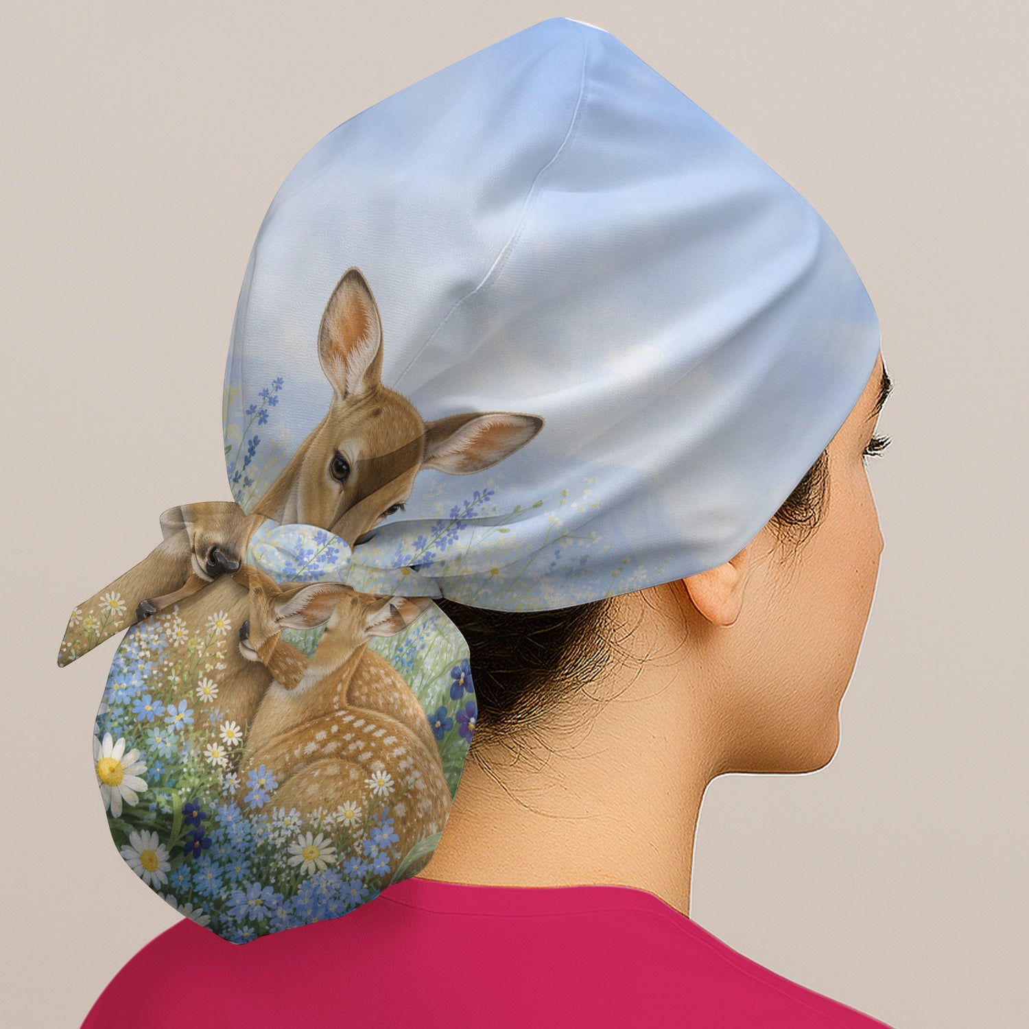 Cute Deer Mother Baby With Meadow Pattern Scrub Cap, Surgical Caps for Doctors