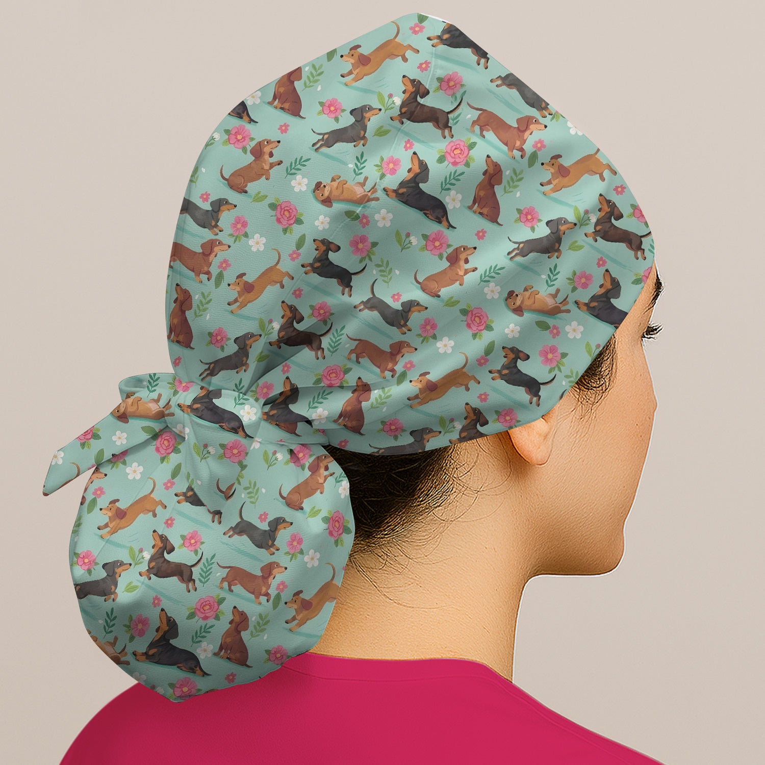Cute Floral Dachshund Puppy Pattern Scrub Cap, Surgical Caps for Doctors