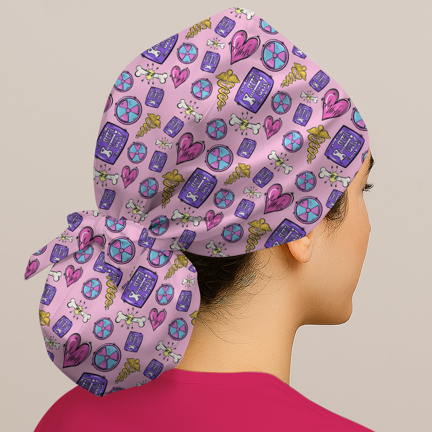 Sassy Nurse Heart Bone Caduceus Xray Icon Print Scrub Cap, Surgical Caps for Doctors