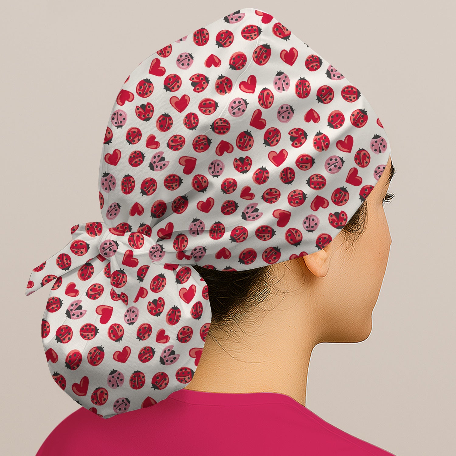 Cute Ladybug and Red Heart All Over Print Cap, Bouffant Scrub Caps for Women