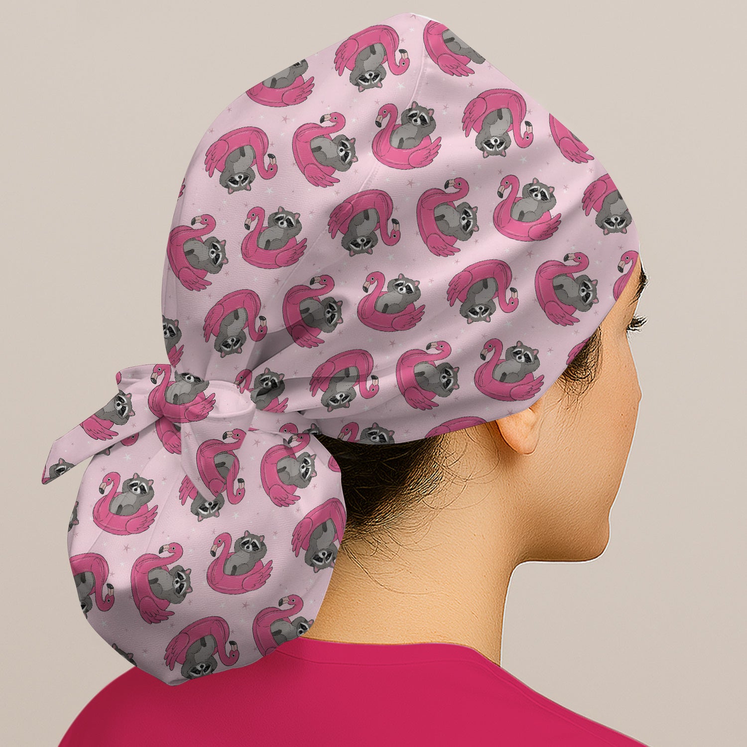 Cute Raccoon Flamingo Float Pattern Nurse Scrub Cap, Surgical Caps for Doctors