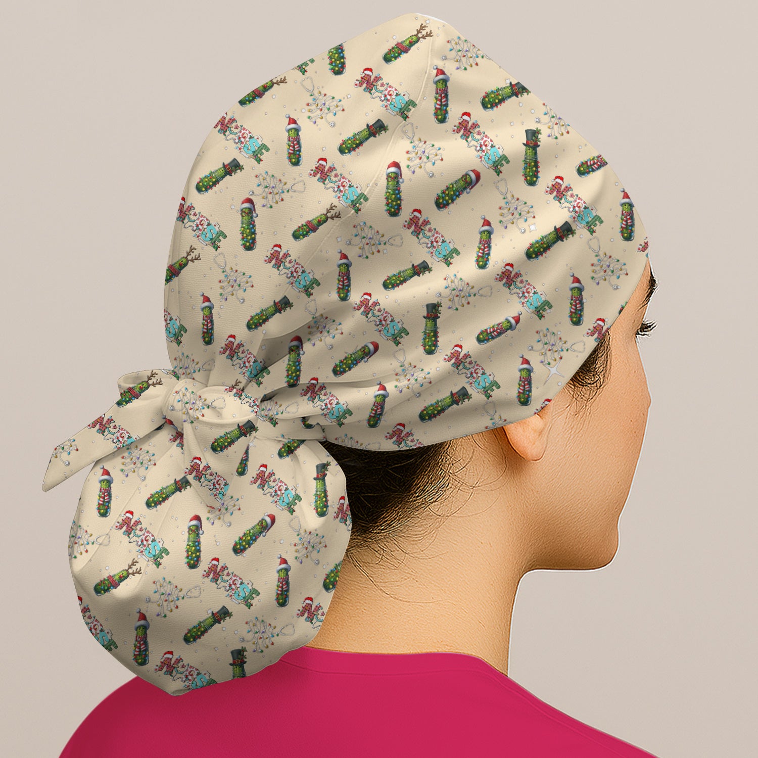 Christmas Nurse Scrub Cap with Buttons - Funny Pickle Holiday Surgical Hat for Women - Medical Bouffant Cap Long Hair
