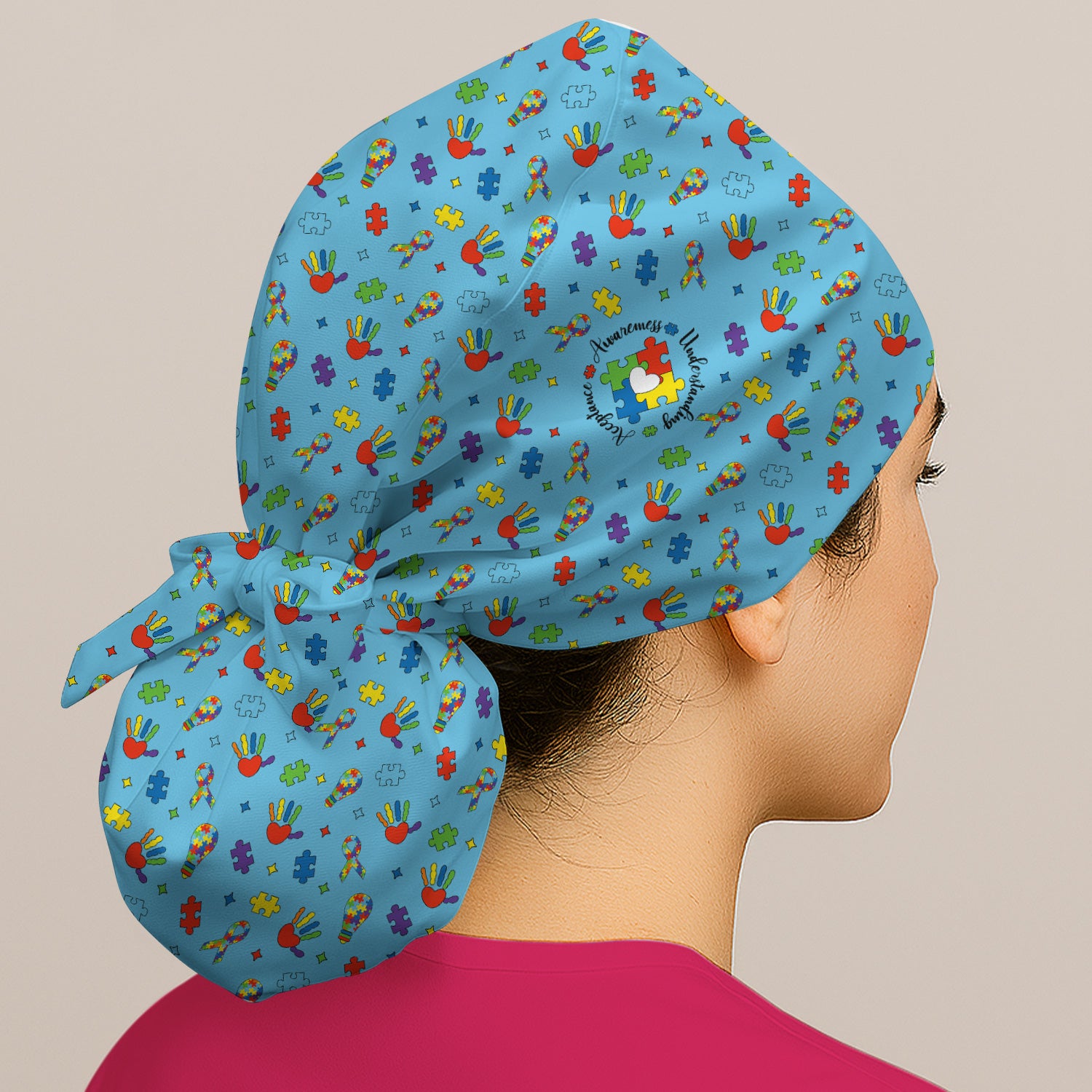 Autism Awareness Colorful Puzzle Pattern Print Cap, Bouffant Scrub Caps for Women