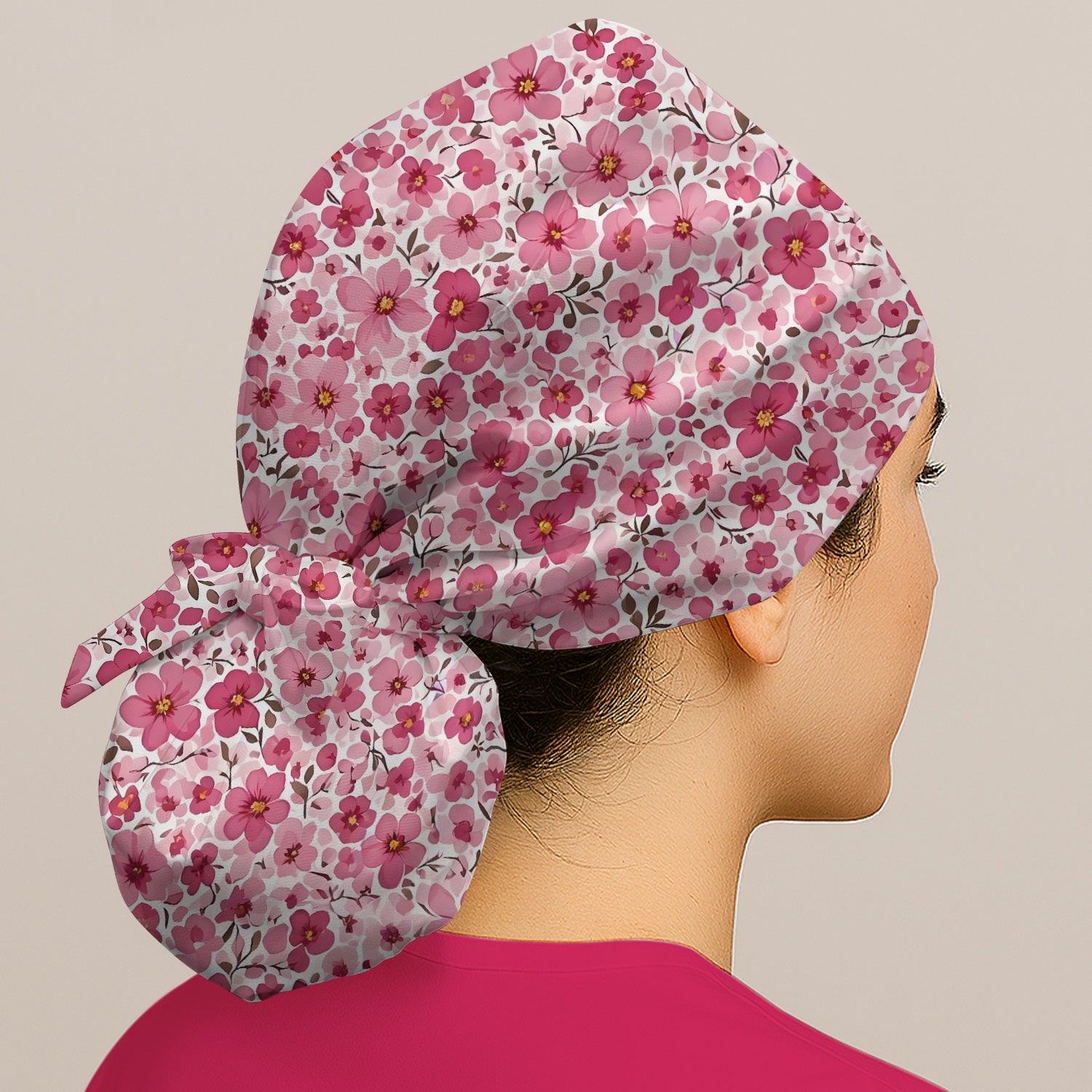 Pink Cherry Blossom Floral Pattern Print Cap, Surgical Caps for Nurses