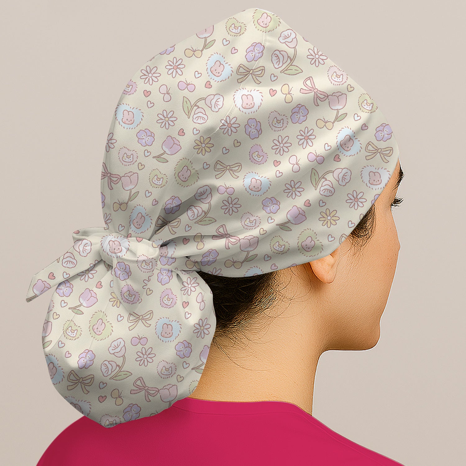 Pastel Bunny Flower Heart Pattern Nurse Scrub Cap, Surgical Caps for Doctors