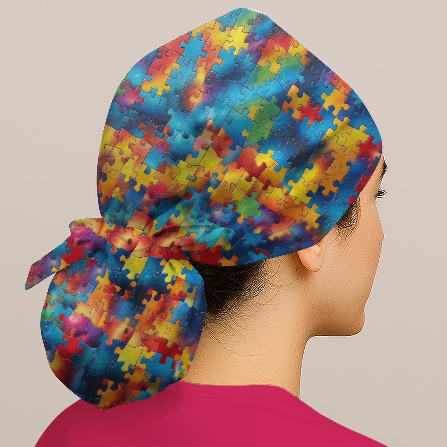 Rainbow Puzzle Piece Print Pattern Cap, Bouffant Scrub Caps for Women