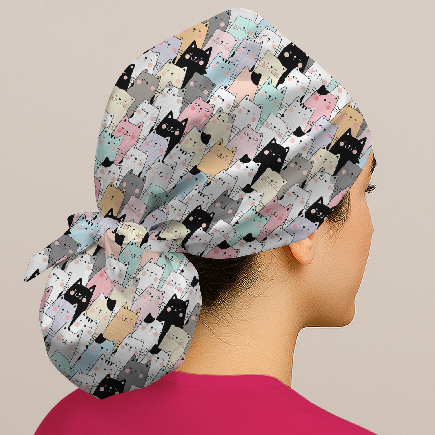 Playful Cartoon Cat Crowd Pattern Surgical Cap, Breathable Fabrics Caps Uniform