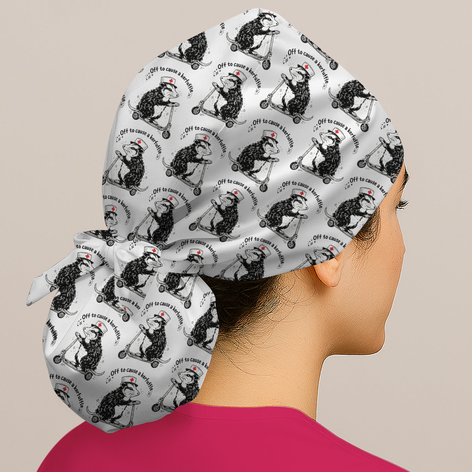 Funny Opossum Nurse Riding Scooter Pattern Scrub Cap, Bouffant Scrub Caps for Women