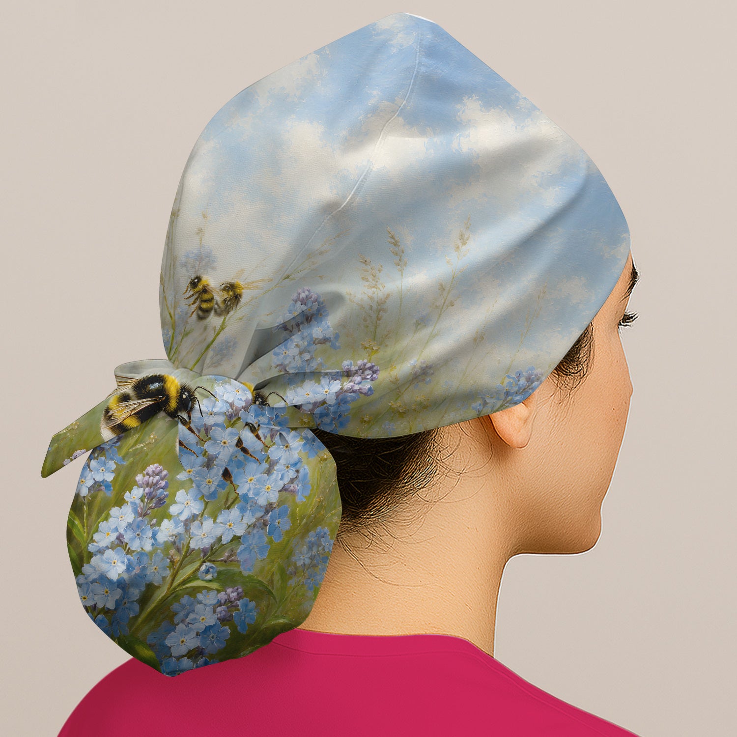 Whimsical Bumblebee Blue Blossom Pattern Scrub Cap, Surgical Caps for Doctors