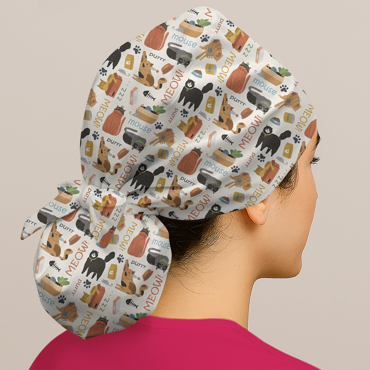 Meow Purr Cat Life Print Scrub Cap, Bouffant Scrub Caps for Women