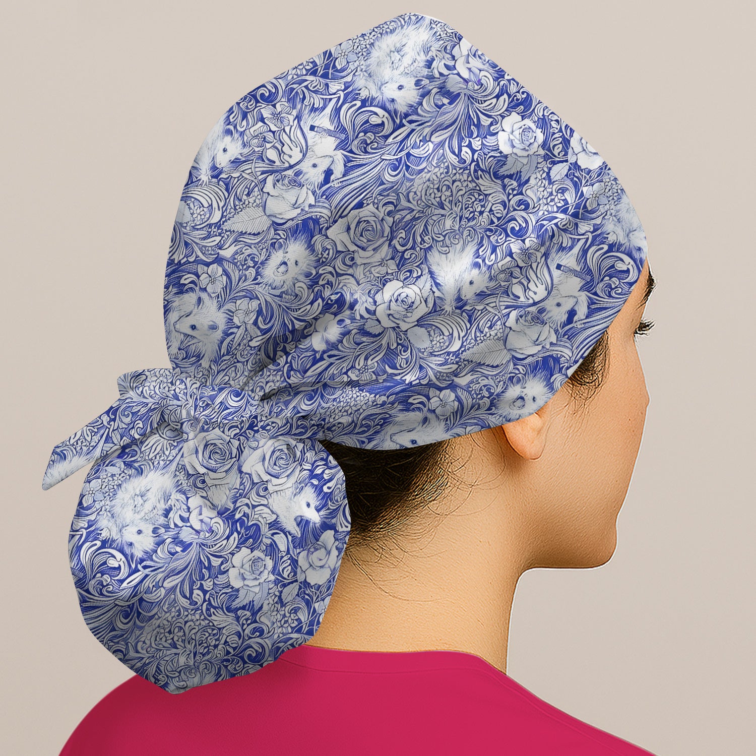 Blue Toile Porcupine Floral Pattern Scrub Cap, Breathable Fabrics Caps Uniform