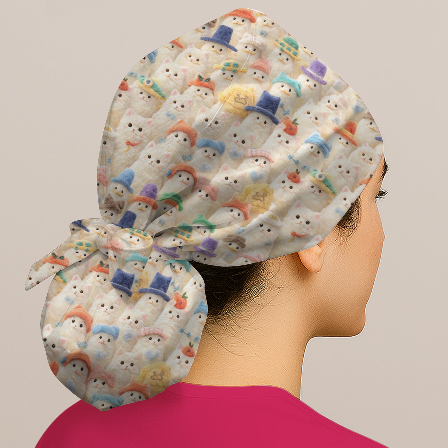 Adorable Cats Wearing Colorful Hats Pattern Caps, Bouffant Scrub Caps for Women