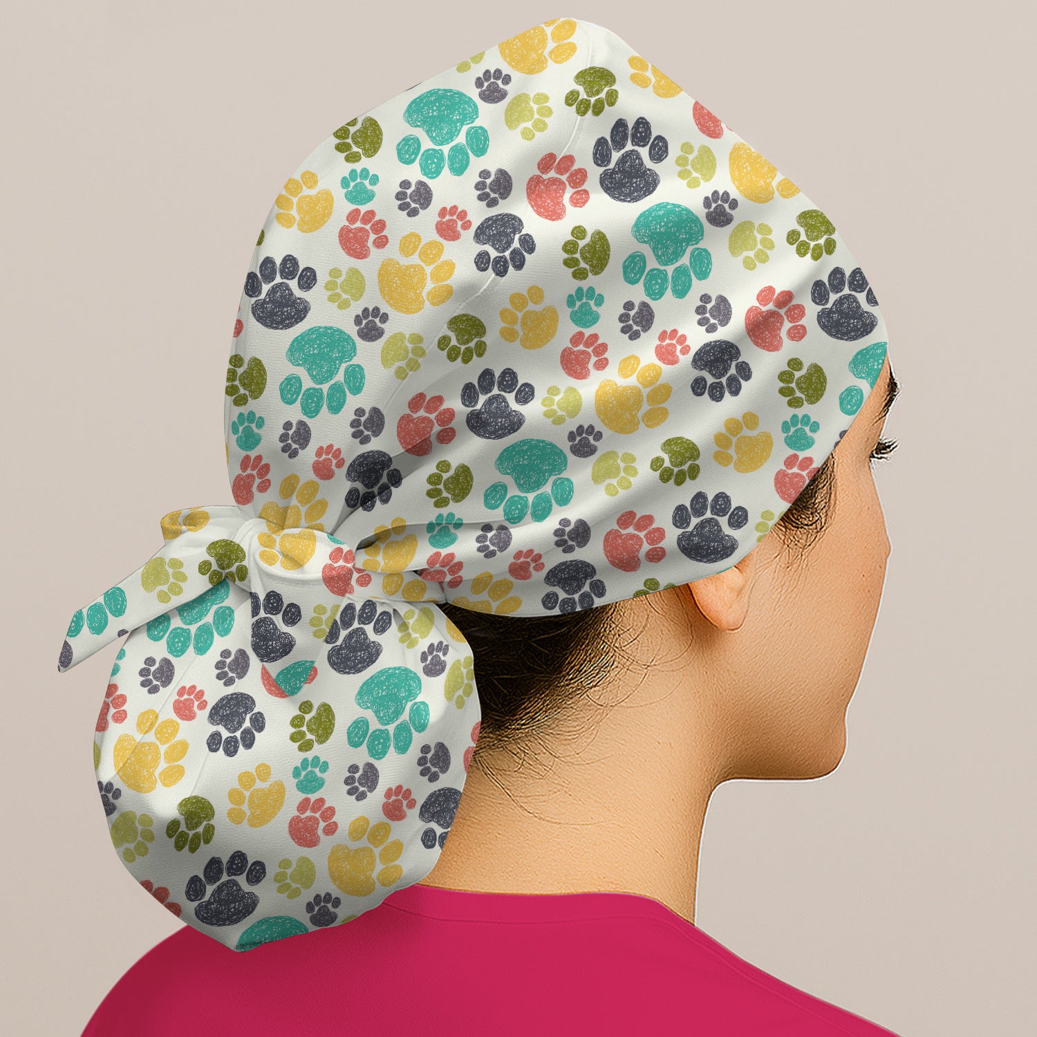 Colorful Paw Print Animal Pattern Scrub Cap, Bouffant Scrub Caps for Women