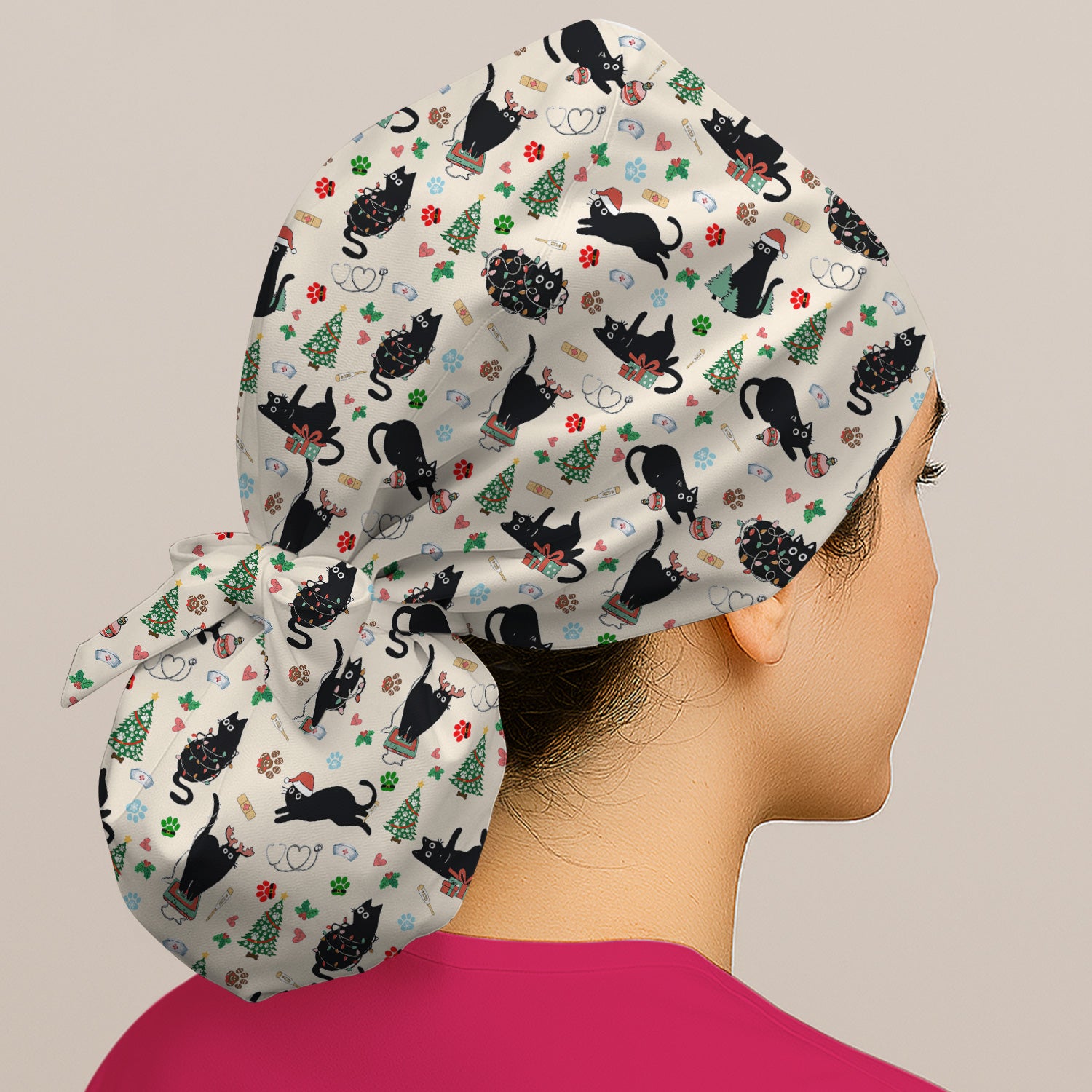 Black Cat Christmas Nurse Scrub Cap, Festive Kitty Medical Uniform for Women