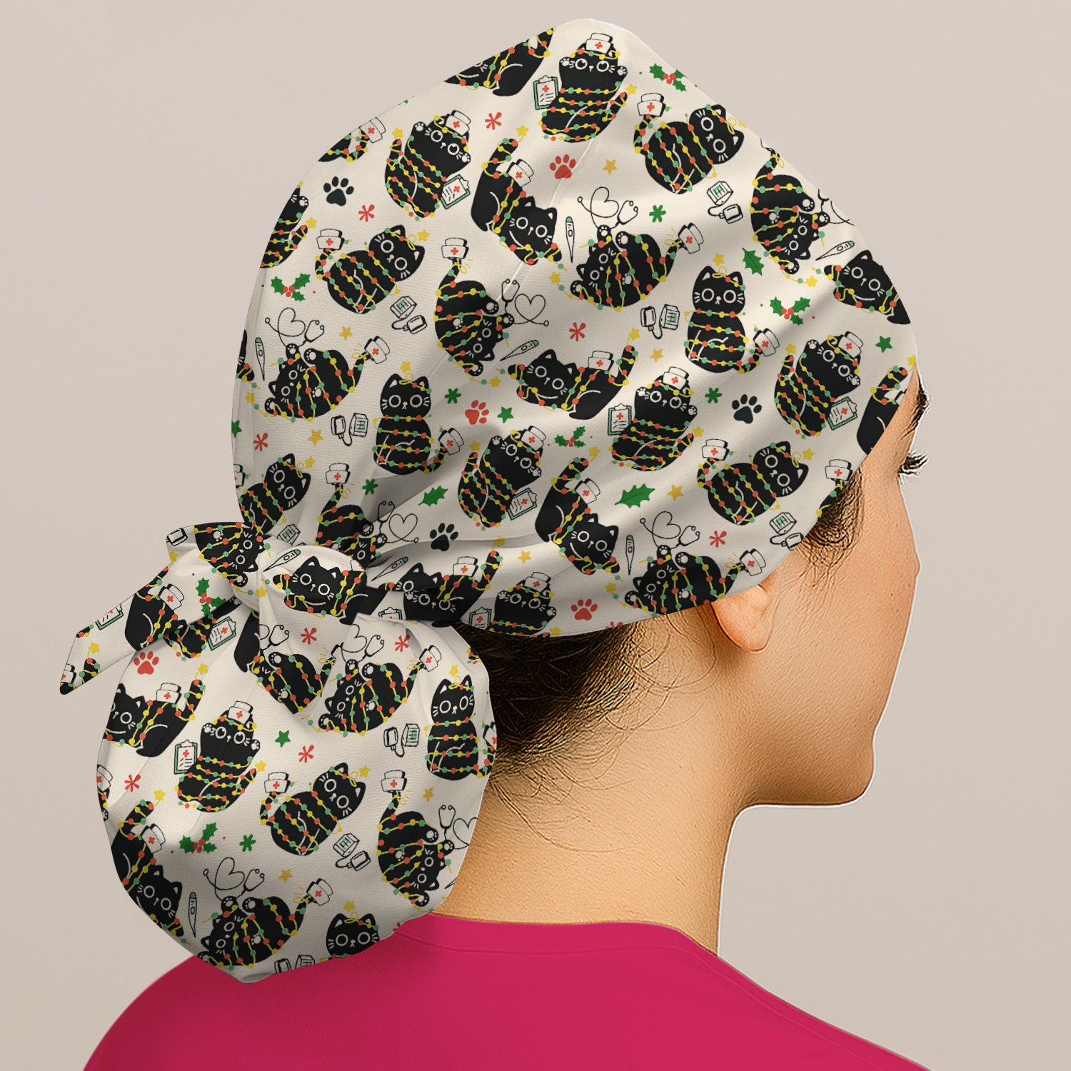 Black Cat Christmas Scrub Cap – Nurse & Holiday Lights Pattern Cap – Cute Medical Uniform For Nursing