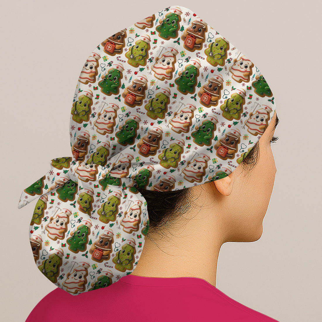 Christmas Cookie Scrub Cap – Festive Nurse & Holiday Tree Pattern – Cute Medical Uniform for Nurses, Vets and Healthcare Workers