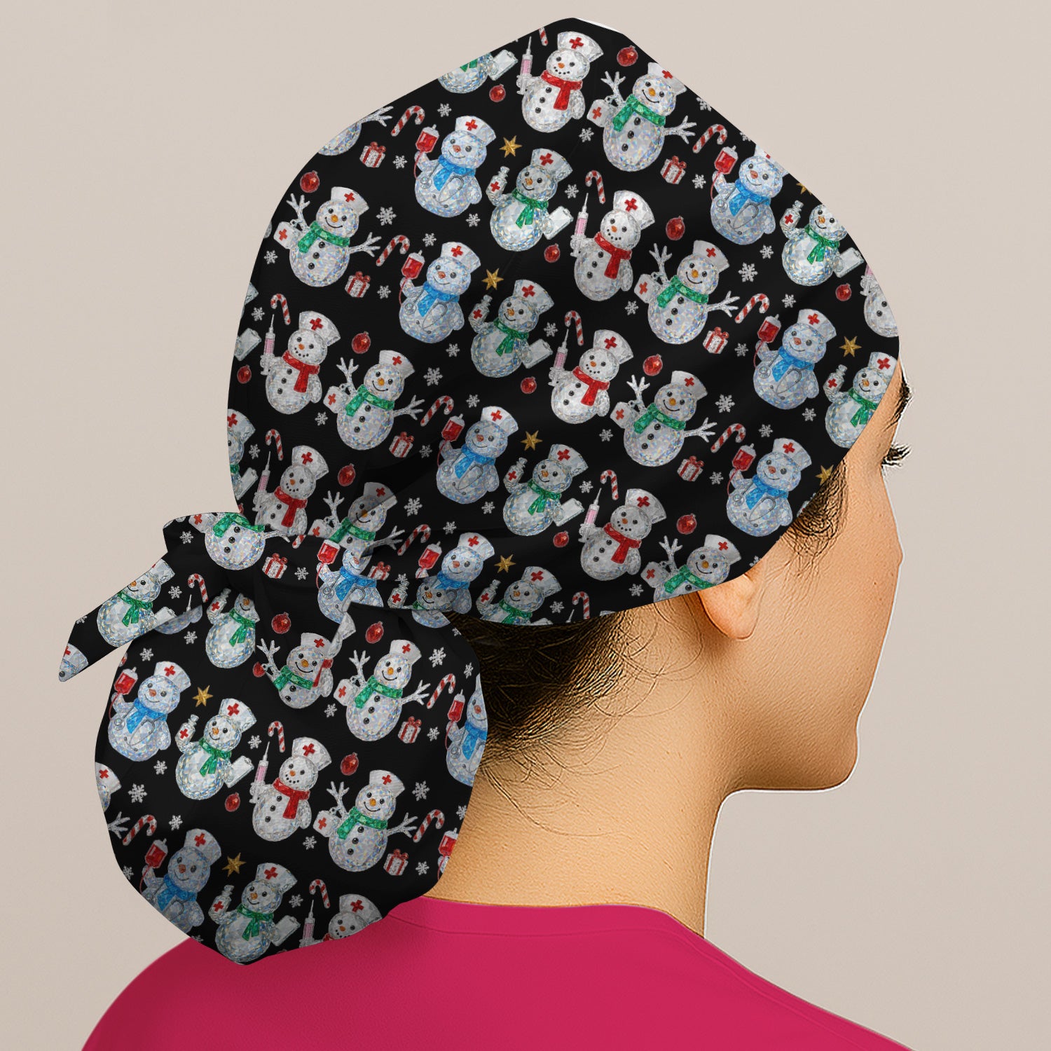 Nurse Snowman Christmas Scrub Cap, Cute Holiday Medical Pattern Hat For Women, Winter Snowflake Nursing Uniform