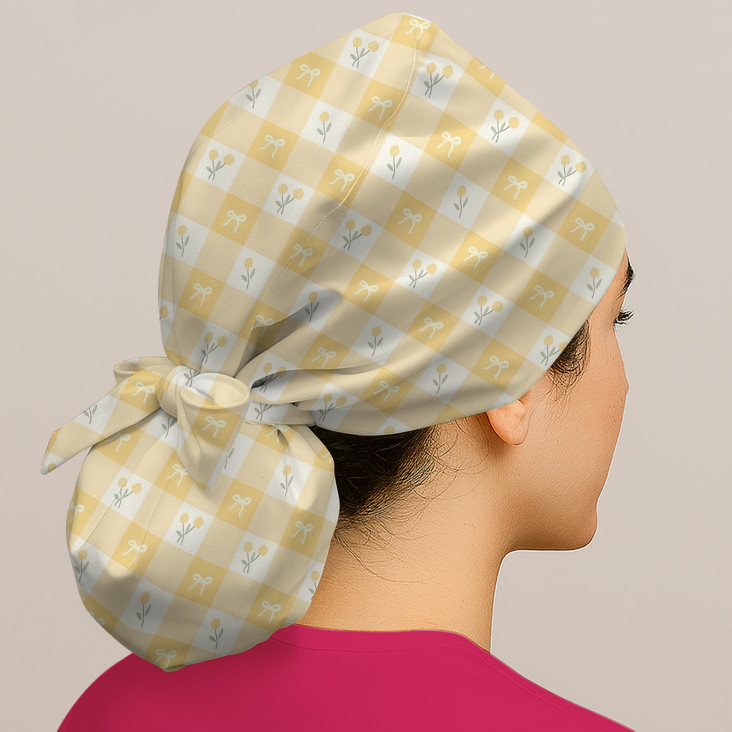 Yellow Gingham Bow Floral Pattern Scrub Cap, Bouffant Scrub Caps for Women