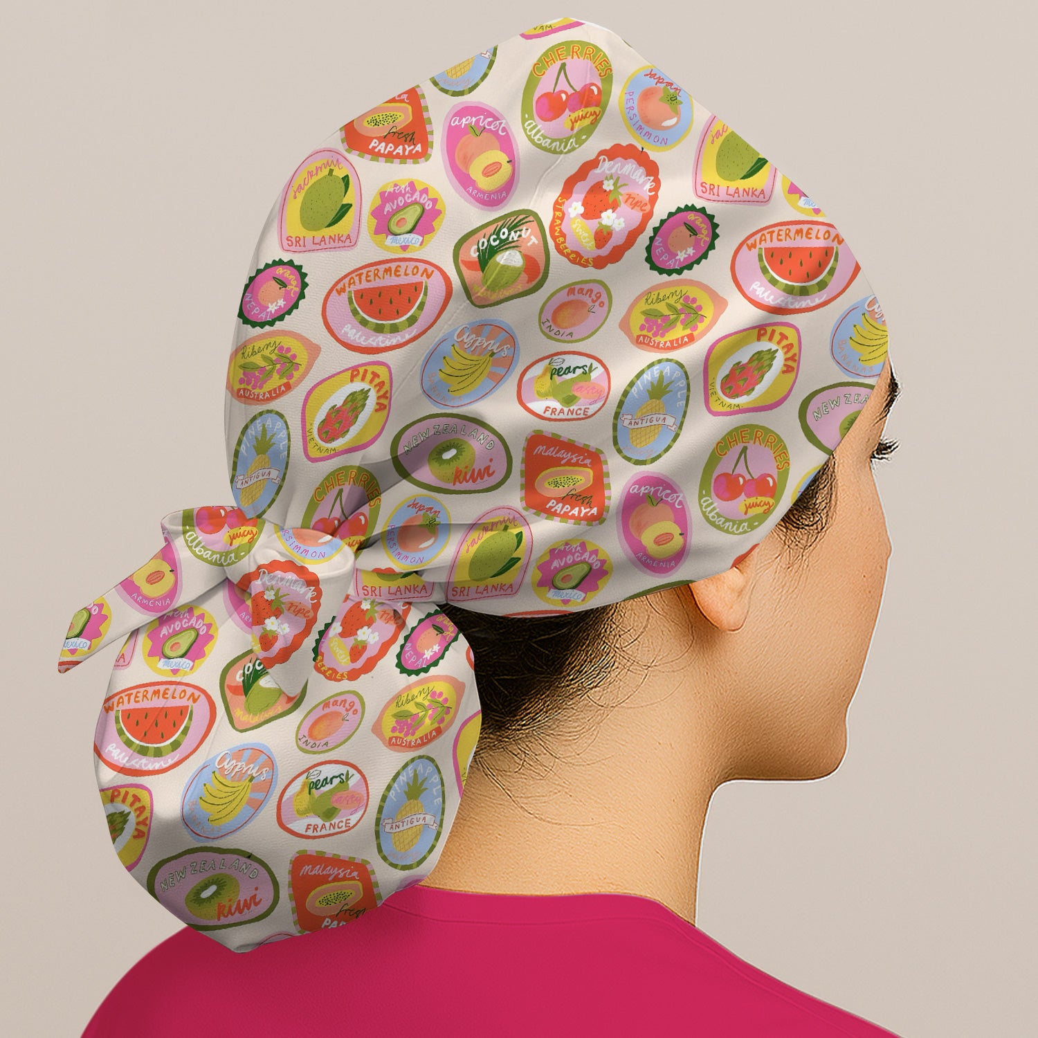 Summer Colorful Fruit Sticker Pattern Scrub Cap, Breathable Fabrics Caps Uniform