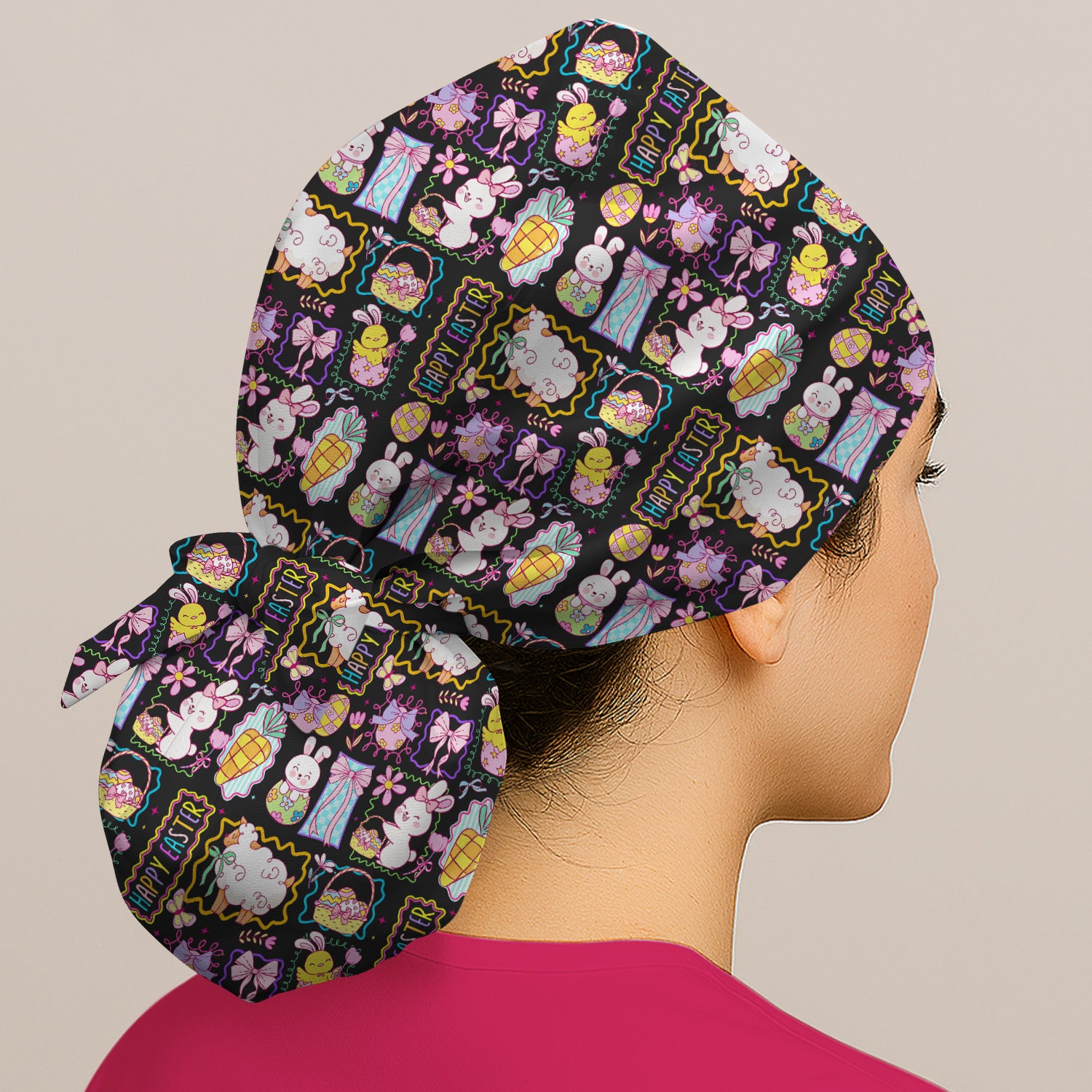 Cute Easter Bunny Egg and Bow Print Scrub Cap, Breathable Fabrics Caps Uniform