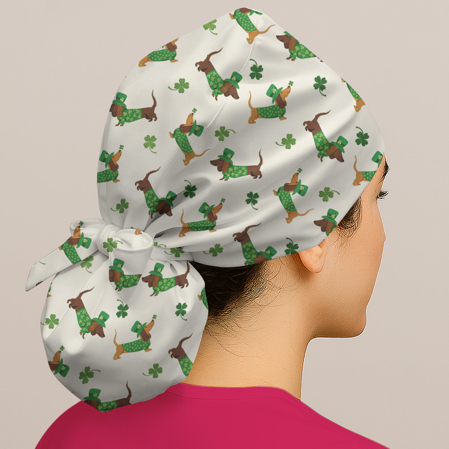 St. Patrick’s Day Dachshund Scrub Cap, Funny Wiener Dog Nurse Hat, Breathable Fabrics Nursing Uniform