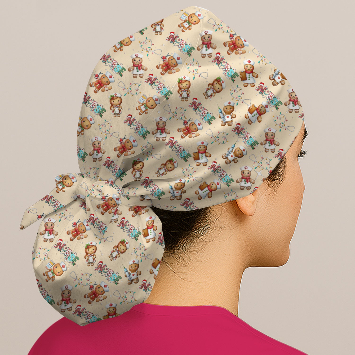 Nurse Scrub Cap with Buttons for Women - Christmas Surgical Hats Cute Gingerbread Design - Medical Bouffant Cap Long Hair