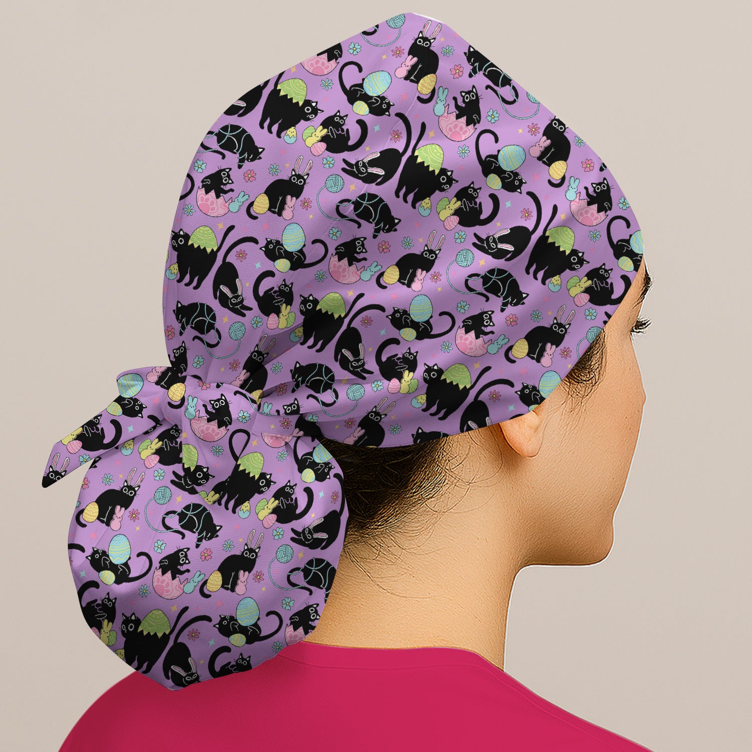 Funny Easter Black Cat Egg Pattern Print Cap, Bouffant Scrub Caps for Women