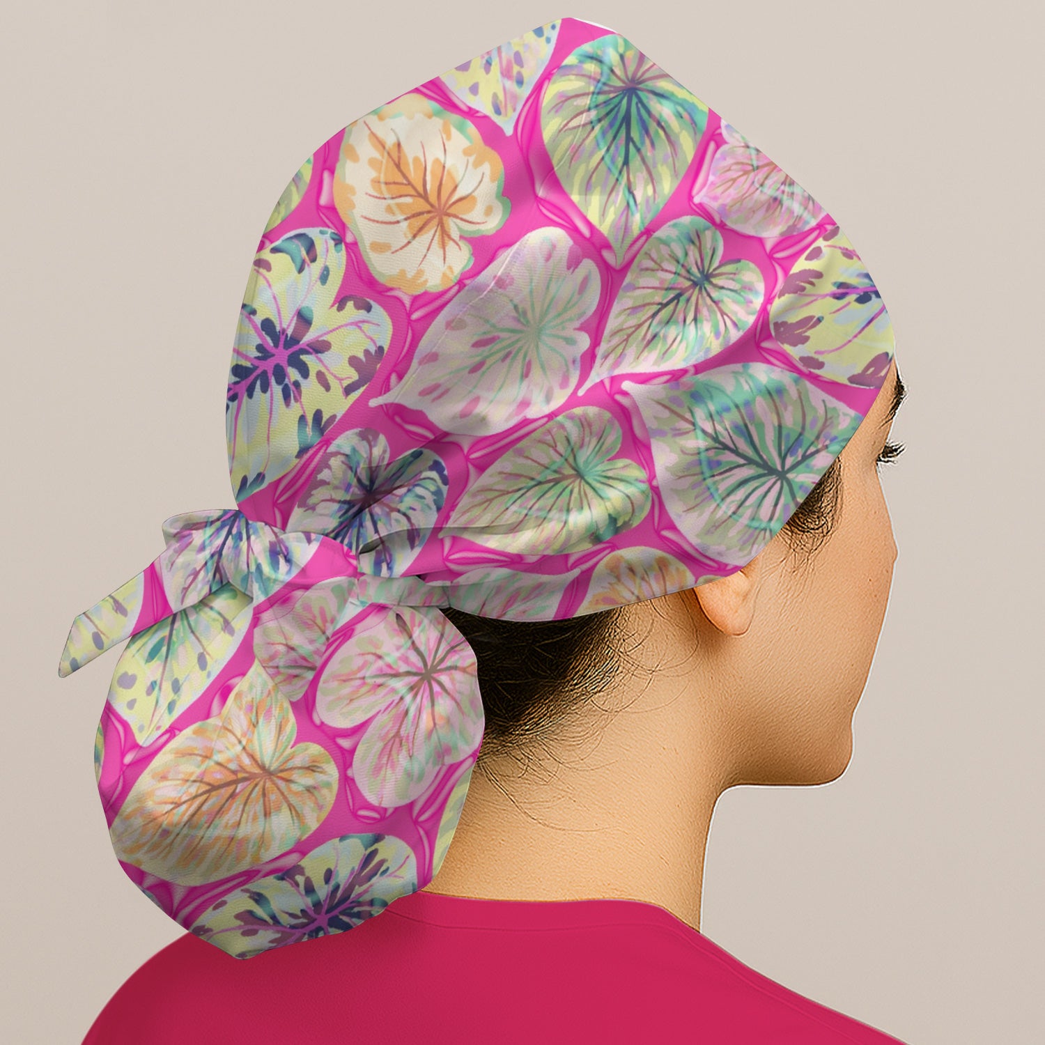 Tropical Colorful Shaped Leaf Nurse Pattern Scrub Cap, Surgical Caps for Doctors