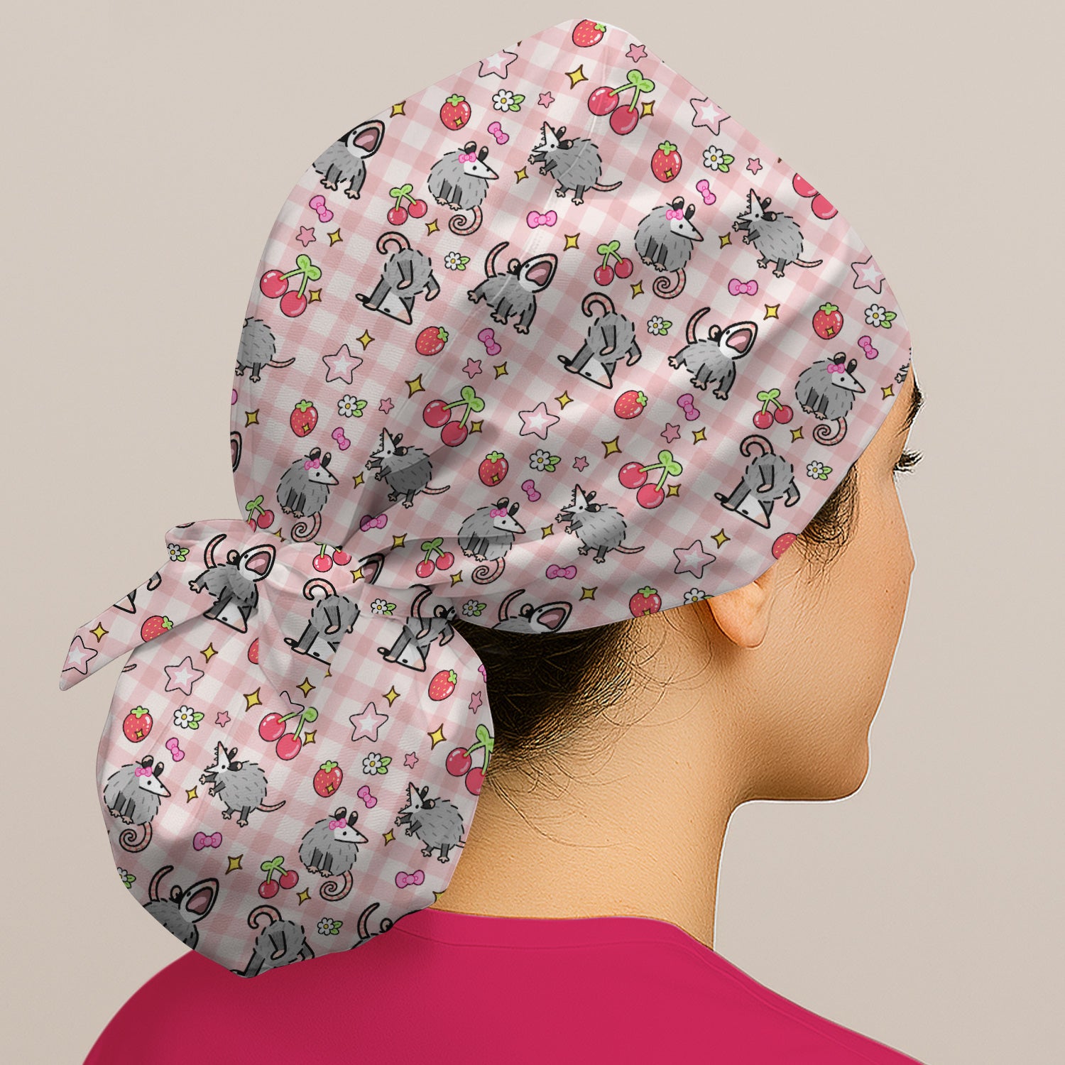 Cute Opossum And Cherries Gingham Pattern Scrub Cap, Surgical Caps for Doctors