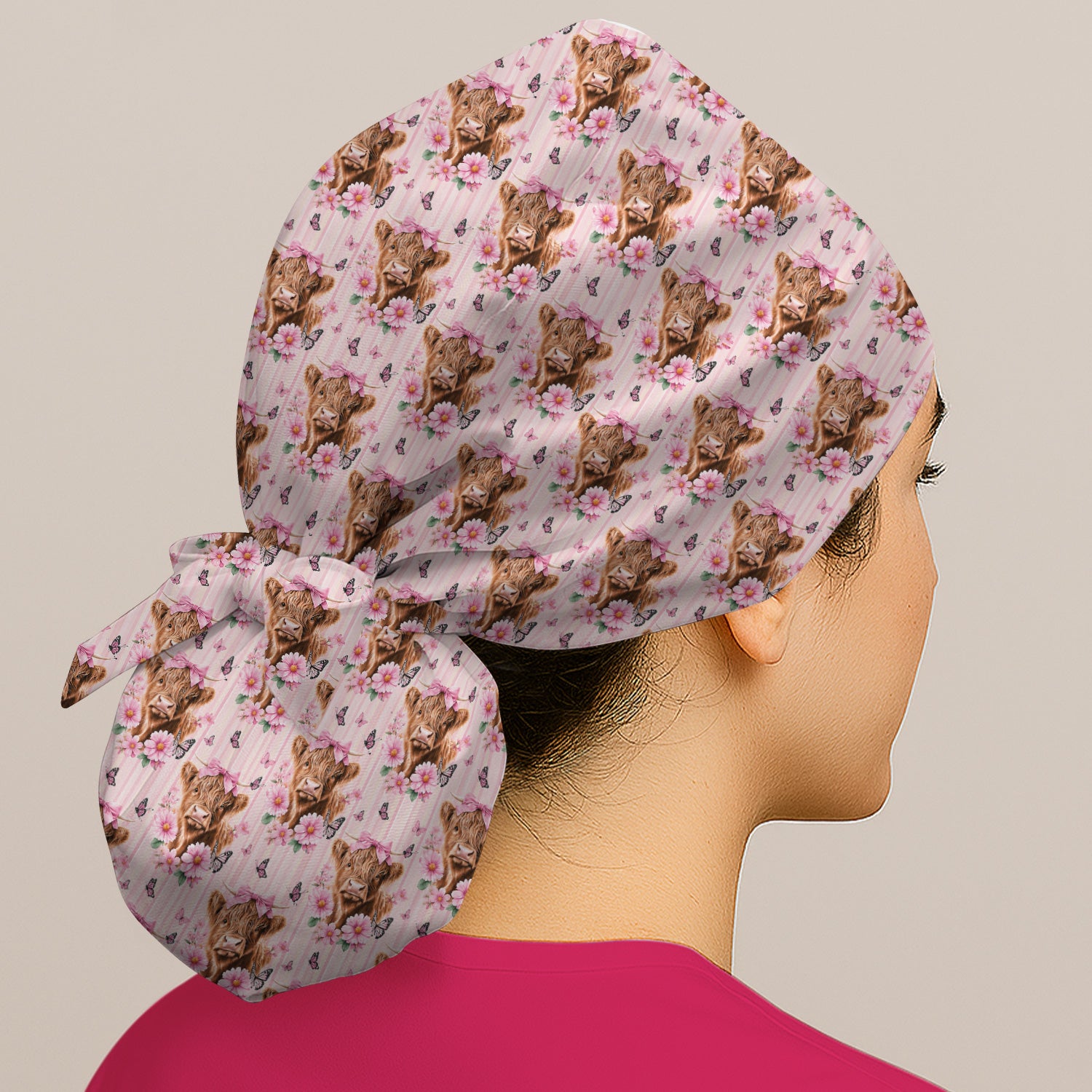 Pink Highland Cow Floral Scrub Cap, Surgical Caps for Doctors