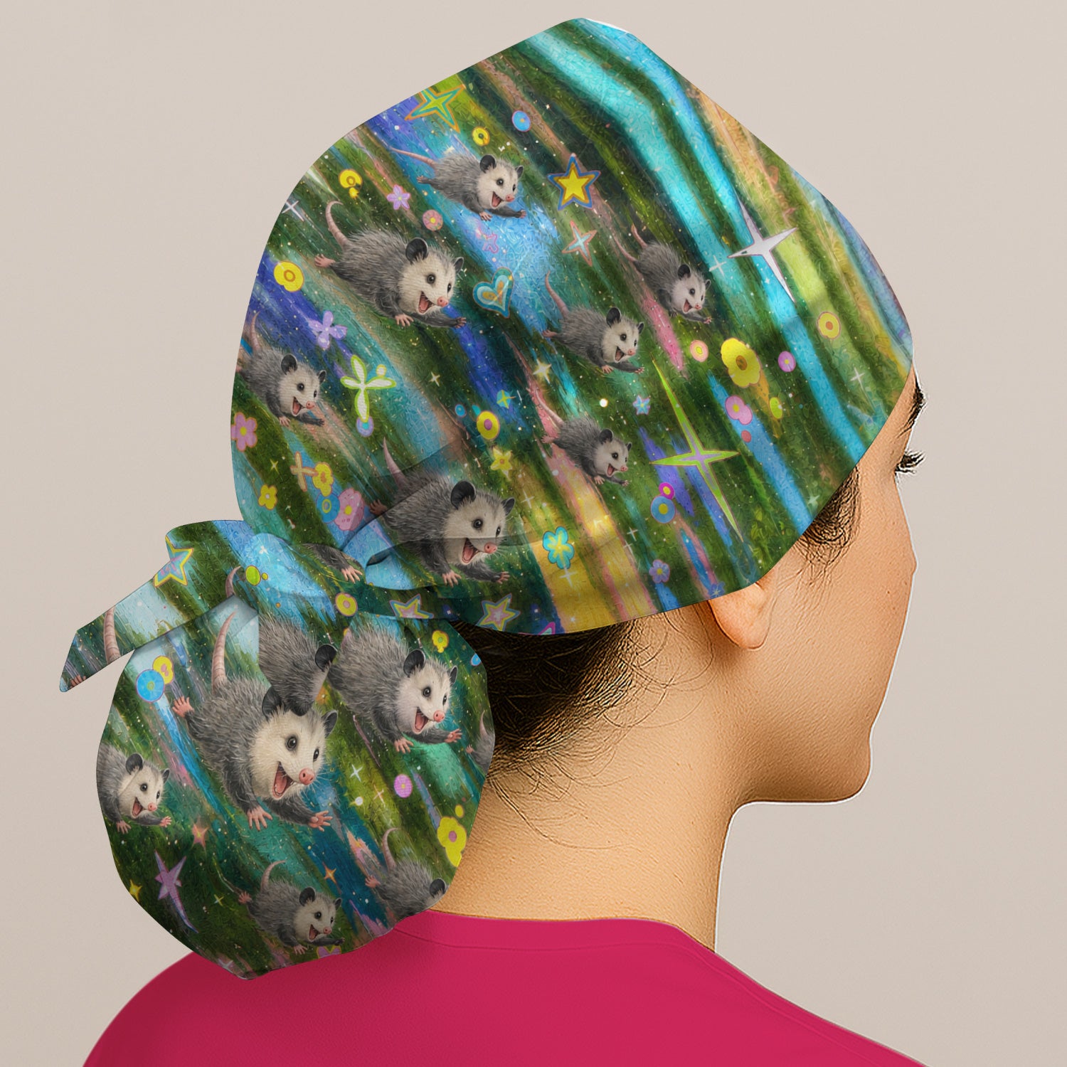 Colorful Opossum Rainbow Stars Print Scrub Cap, Surgical Caps for Doctors