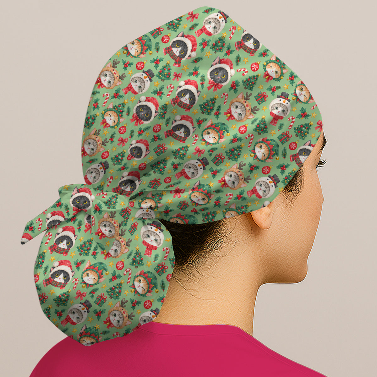 Christmas Cats And Trees Pattern Scrub Cap, Kawaii Medical Pattern Hat, Breathable Fabrics Nursing Uniform