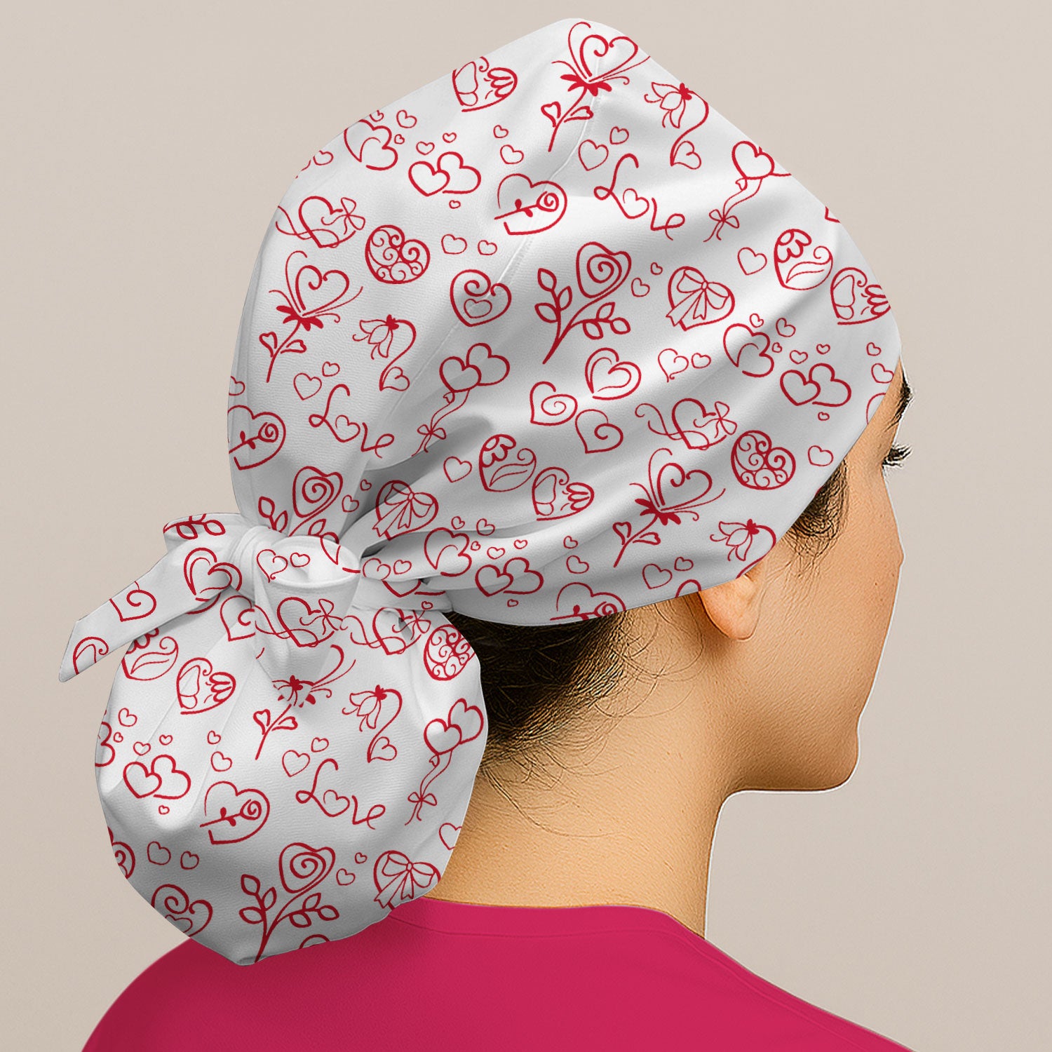 Cute Valentine Heart Scrub Cap, Artistic Heart Pink Love Line Art Pattern Nurse Hat, Comfortable Scrubs For Nursing