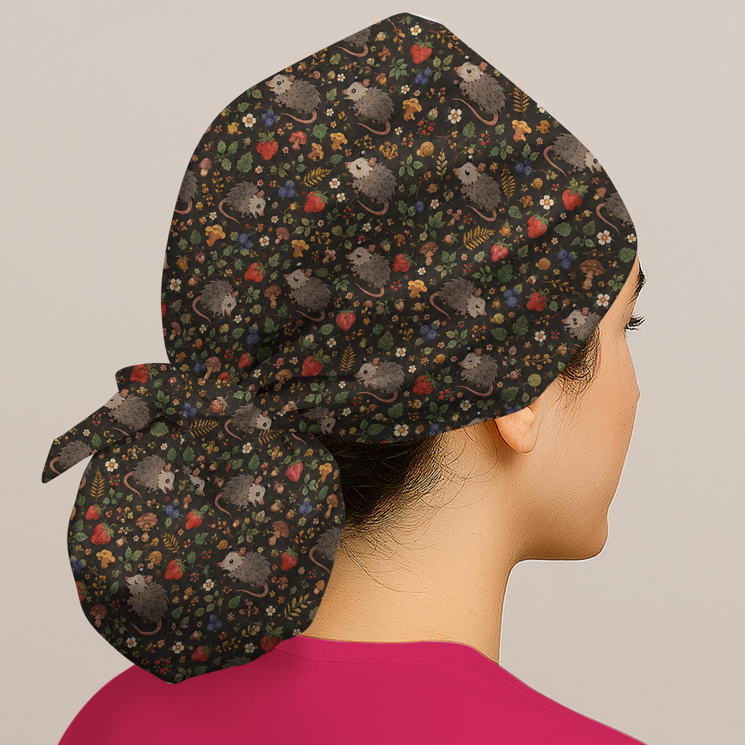 Woodland Opossum Berry Mushroom Pattern Scrub Cap, Surgical Caps for Doctors